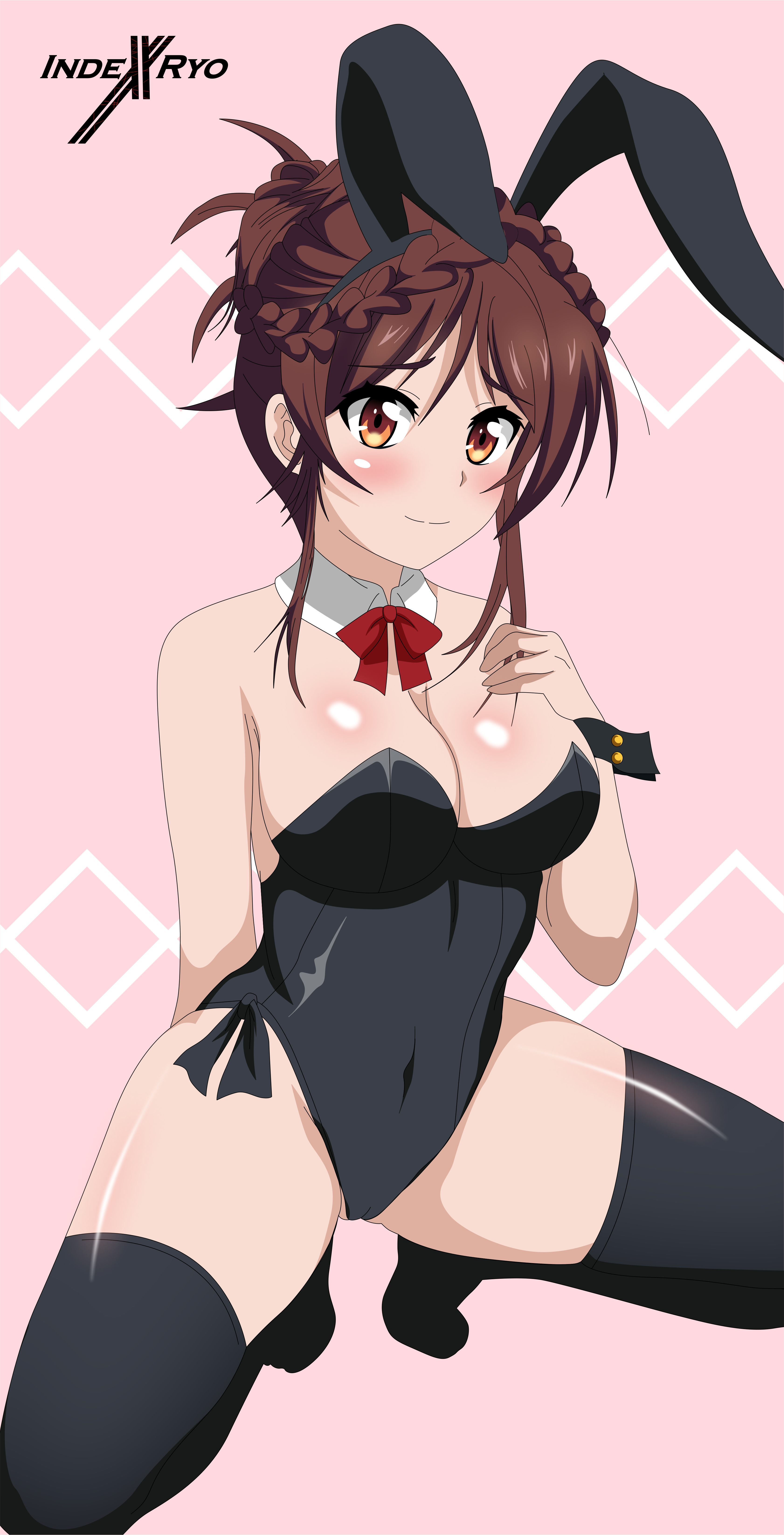 indexxryo, mizuhara chizuru, kanojo okarishimasu, absurdres, highres, 1girl, animal ears, arm behind back, bare arms, bare shoulders, blush, bow, braid, breasts, brown eyes, brown hair, closed mouth, covered navel, detached collar, hair up, hand on own chest, large breasts, leotard, pink background, playboy bunny, rabbit ears, red bow, simple background, smile, solo, spread legs, squatting, thick thighs, thighhighs, thighs, twin braids, wrist cuffs