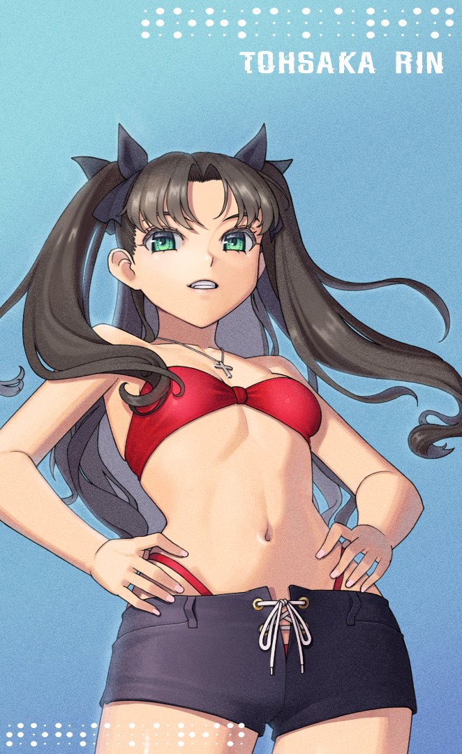 yuksi, tohsaka rin, fate/stay night, fate (series), 1girl, bikini, bikini under clothes, black hair, blue eyes, breasts, cross, cross necklace, denim, green eyes, hair ribbon, jewelry, long hair, looking at viewer, medium breasts, micro shorts, navel, necklace, open clothes, open fly, open shorts, red bikini, ribbon, short shorts, shorts, smile, solo, swimsuit, twintails, two side up