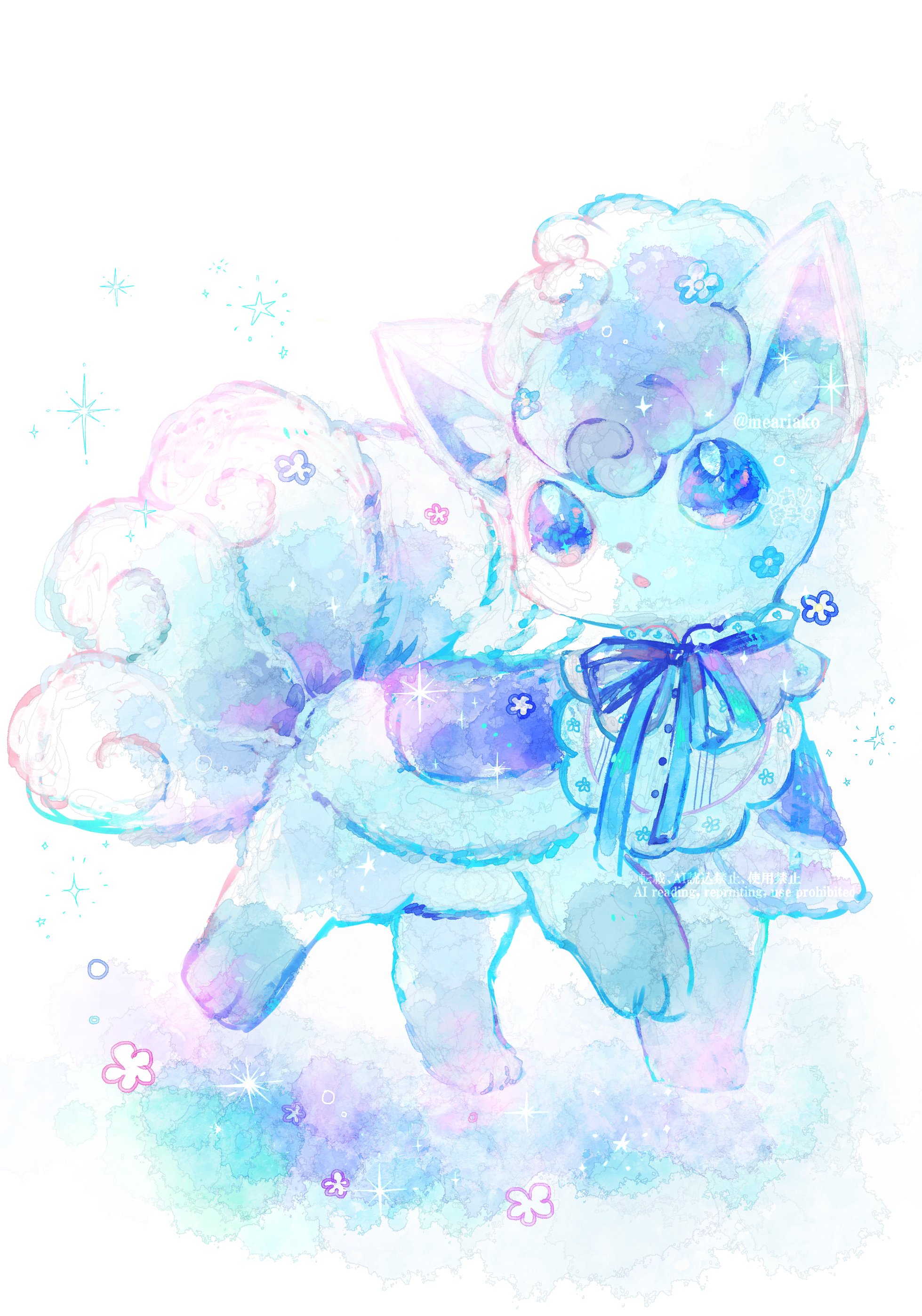 meariako, alolan vulpix, nintendo, pokemon, absurdres, highres, alolan form, animal focus, blue eyes, bow, clothed pokemon, flower, full body, gen 7 pokemon, looking at viewer, no humans, open mouth, parted lips, pokemon (creature), pokemon focus, sparkle, star (symbol), tail, white bow, white fur