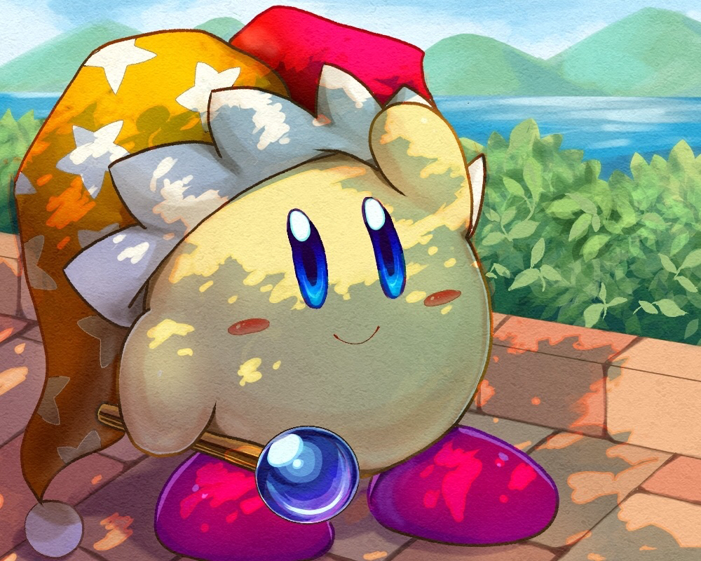 amanegi toro, beam kirby, kirby, kirby (series), kirby super star, nintendo, anniversary, blue eyes, blush stickers, closed mouth, copy ability, hat, holding, holding wand, jester cap, no humans, smile, solo, star (symbol), wand, weapon
