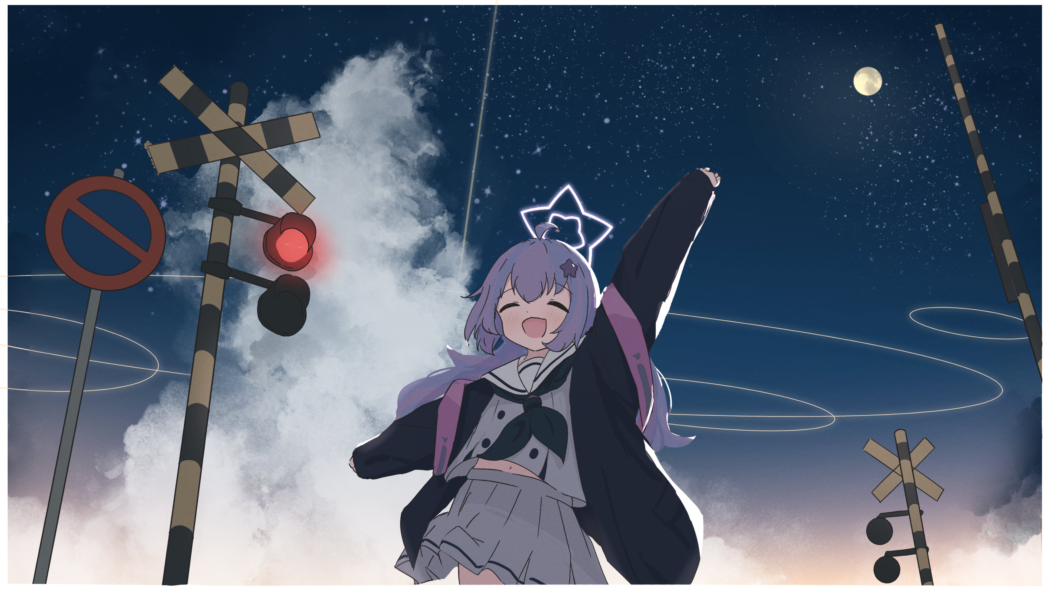 meru1178, reisa (blue archive), blue archive, absurdres, highres, 1girl, ^ ^, ahoge, arm up, backpack, bag, black jacket, black neckerchief, blue hair, blush, border, closed eyes, cloud, full moon, grey serafuku, grey shirt, grey skirt, hair ornament, halo, jacket, long hair, long sleeves, low twintails, midriff peek, moon, multicolored hair, neckerchief, night, night sky, open clothes, open jacket, open mouth, outdoors, pink hair, pleated skirt, purple hair, sailor collar, school uniform, serafuku, shirt, skirt, sky, smile, solo, star (sky), star (symbol), star hair ornament, star halo, starry sky, streaked hair, twintails, white border, white sailor collar