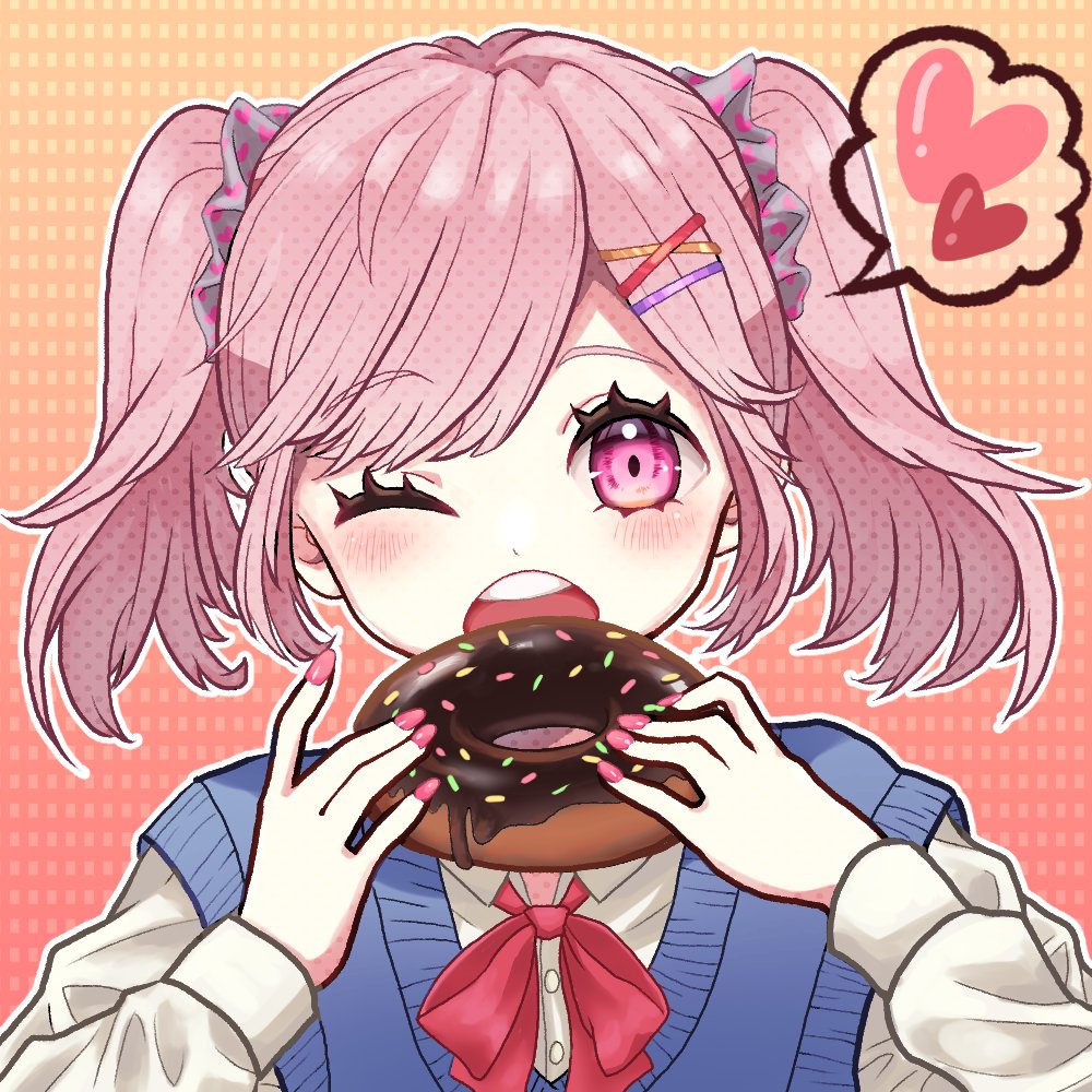 amanegi toro, original, 1girl, bow, donut, food, hair ornament, holding, long sleeves, looking at viewer, nail polish, open mouth, pink hair, school uniform, shirt, short hair, simple background, smile, solo, standing, twintails, upper body
