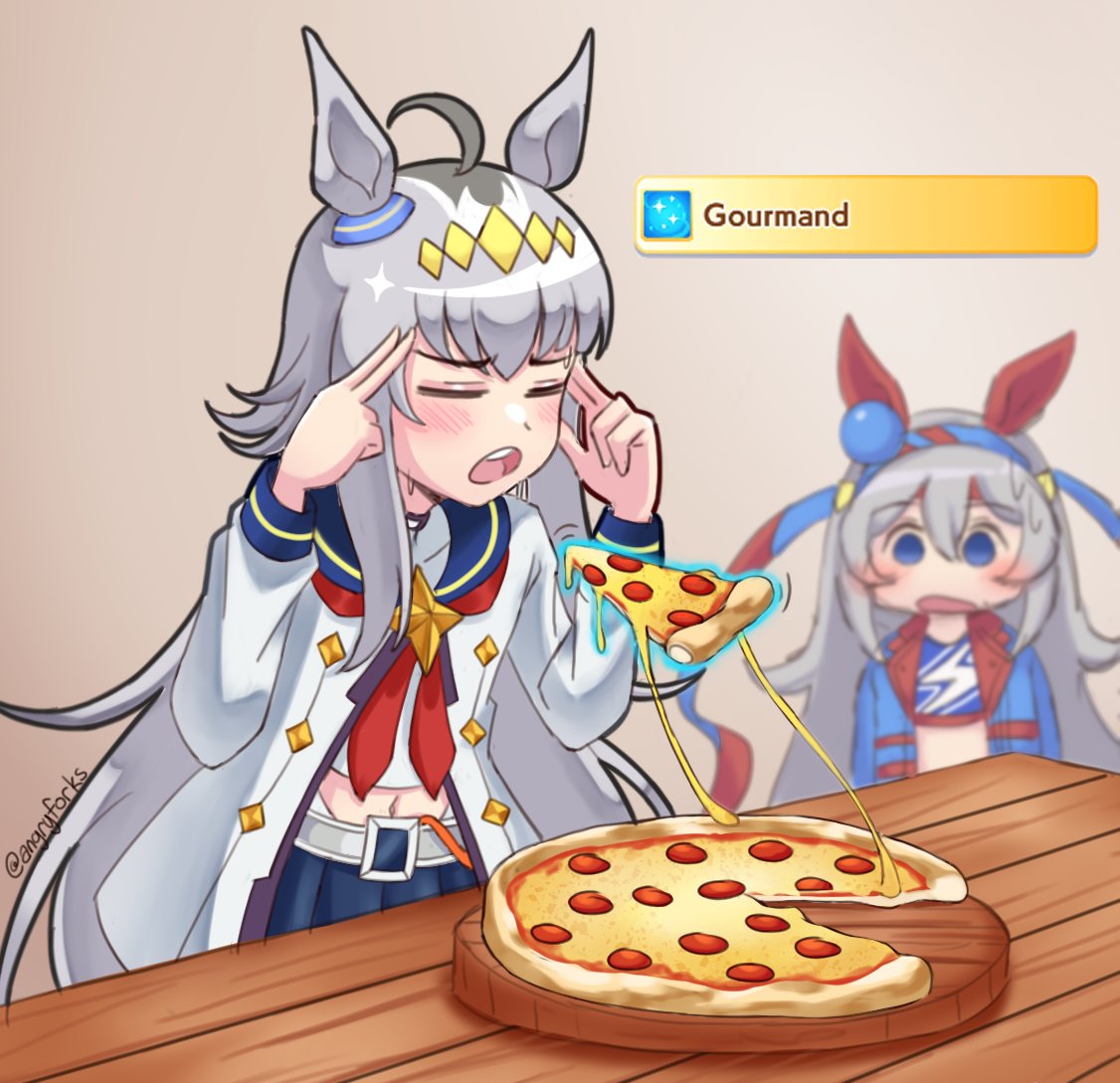 angryforks, oguri cap (umamusume), tamamo cross (umamusume), umamusume, commentary, 2girls, ahoge, animal ears, belt buckle, blue eyes, blue hairband, blue jacket, blue sailor collar, blue skirt, blurry, blurry background, blush, buckle, cowboy shot, ear covers, ear ornament, fingers to head, floating, food, gameplay ability, gameplay mechanics, grey hair, hairband, headband, horse girl, jacket, levitation, long hair, long sleeves, man levitating pizza (meme), meme, multicolored hair, multiple girls, navel, neckerchief, open mouth, pizza, pizza slice, pleated skirt, red headband, red neckerchief, sailor collar, shirt, skirt, standing, striped clothes, striped hairband, sweatdrop, table, teeth, twitter username, upper teeth only, very long hair, white shirt, yellow background
