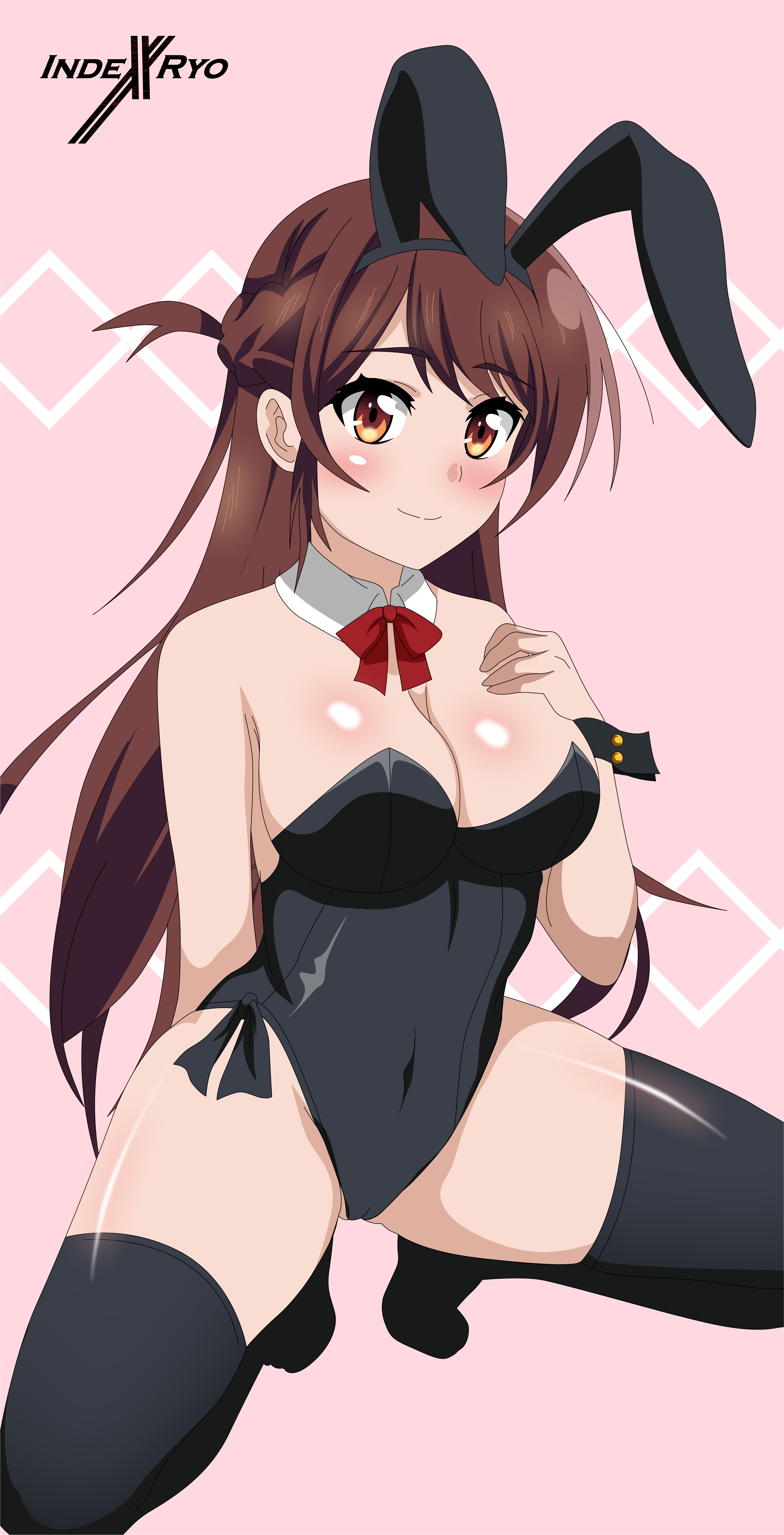 indexxryo, mizuhara chizuru, kanojo okarishimasu, absurdres, highres, 1girl, animal ears, arm behind back, bare arms, bare shoulders, blush, bow, braid, breasts, brown eyes, brown hair, closed mouth, covered navel, detached collar, hand on own chest, large breasts, leotard, long hair, pink background, playboy bunny, rabbit ears, red bow, side braid, simple background, spread legs, thick thighs, thighhighs, thighs, wrist cuffs