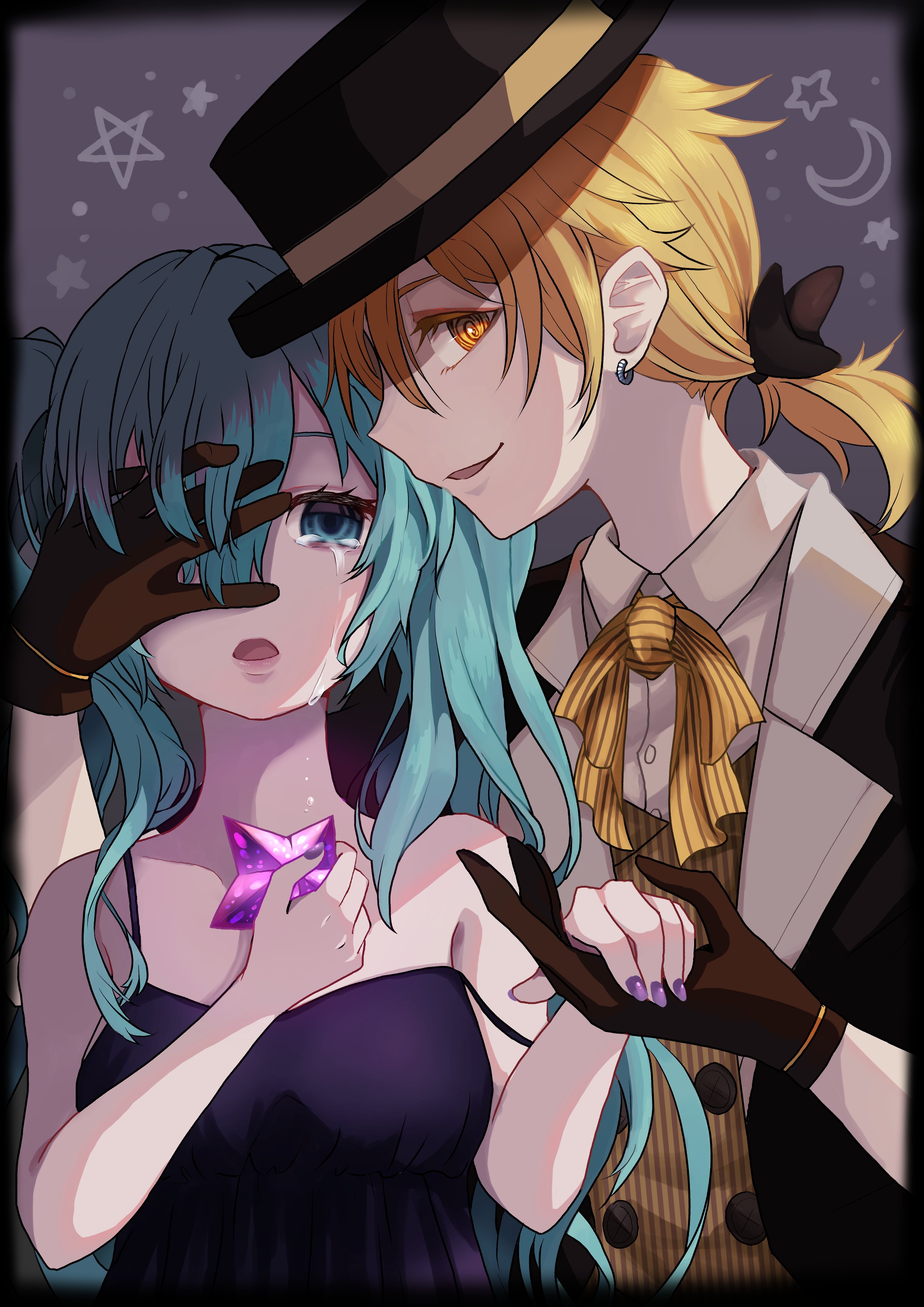 amanegi toro, hatsune miku, kagamine len, vocaloid, yumekui shirokuro baku (vocaloid), absurdres, highres, 1boy, 1girl, black gloves, blonde hair, blue eyes, bow, bowtie, cane, gloves, hat, holding, male focus, open mouth, ponytail, short hair, smile