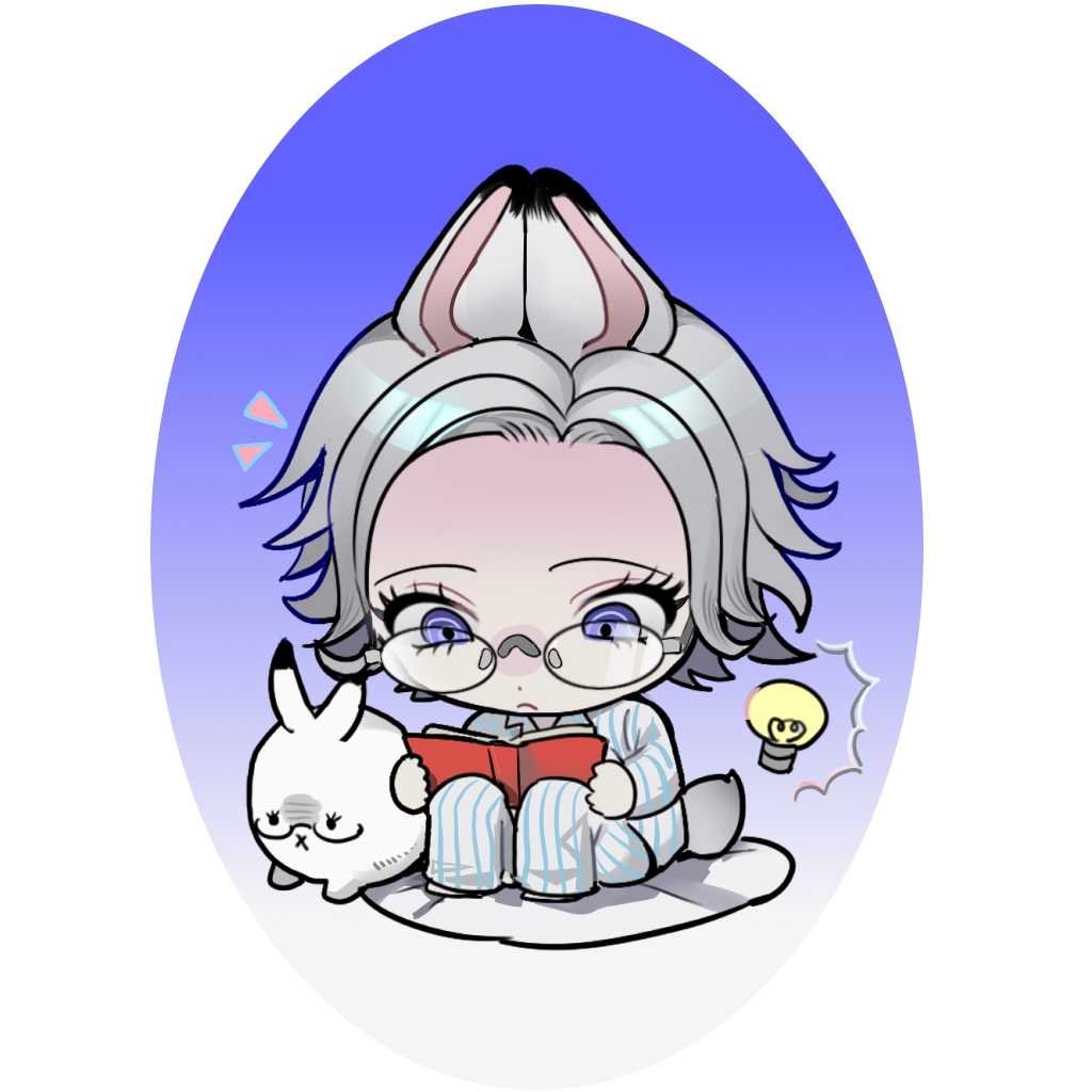 aotsuki eito, the hundred line -last defense academy-, chinese commentary, commentary request, 1boy, animal ears, blue background, book, chibi, chibi only, glasses, grey hair, holding, holding book, kemonomimi mode, knees up, light bulb, looking at object, male focus, pajamas, purple eyes, rabbit boy, rabbit ears, rabbit tail, reading, short hair, sitting, solo, striped clothes, striped pajamas, stuffed toy, tail, taoli35598, two-tone background, white background, x mouth