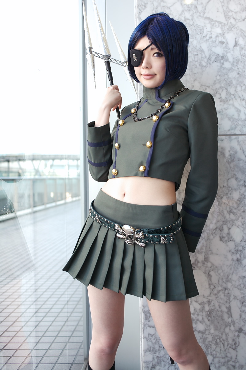 namada, chrome dokuro, katekyo hitman reborn!, highres, photo (medium), 1girl, asian, belt, blue hair, blurry, breasts, bridge, color contacts, cosplay, depth of field, eyepatch, female focus, indoors, jewelry, looking at viewer, makeup, mascara, midriff, miniskirt, navel, necklace, pleated skirt, polearm, short hair, skirt, skull and crossbones, skull belt, small breasts, solo, spear, standing, trident, weapon, window