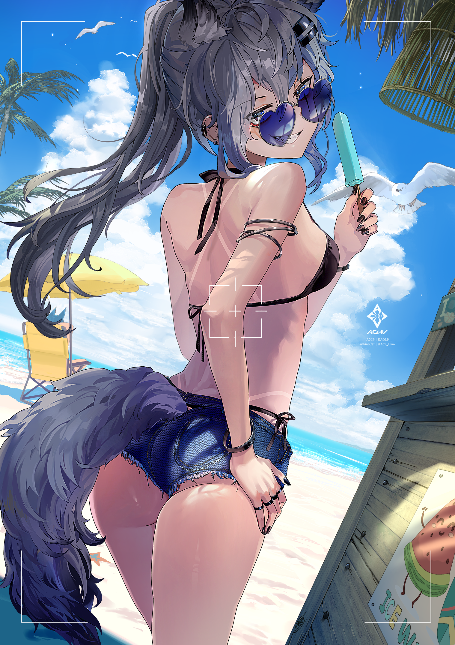 a0lp, lappland (arknights), texas (arknights), arknights, commentary, english commentary, highres, 2girls, animal ear fluff, animal ears, artist name, ass, ass cutout, bare shoulders, beach, bikini, bikini under shorts, black bikini, black nails, blue shorts, breasts, clothing cutout, earclip, food, from behind, grey eyes, grey hair, hair ornament, hairclip, heart, heart-shaped eyewear, holding, holding food, holding popsicle, jewelry, long hair, looking at viewer, multiple girls, multiple rings, no shirt, outdoors, ponytail, popsicle, ring, sand, scar, scar across eye, scar on face, short shorts, shorts, smile, solo focus, swimsuit, tail, tail through clothes, tan, tanline, twitter username, water, wolf ears, wolf girl, wolf tail