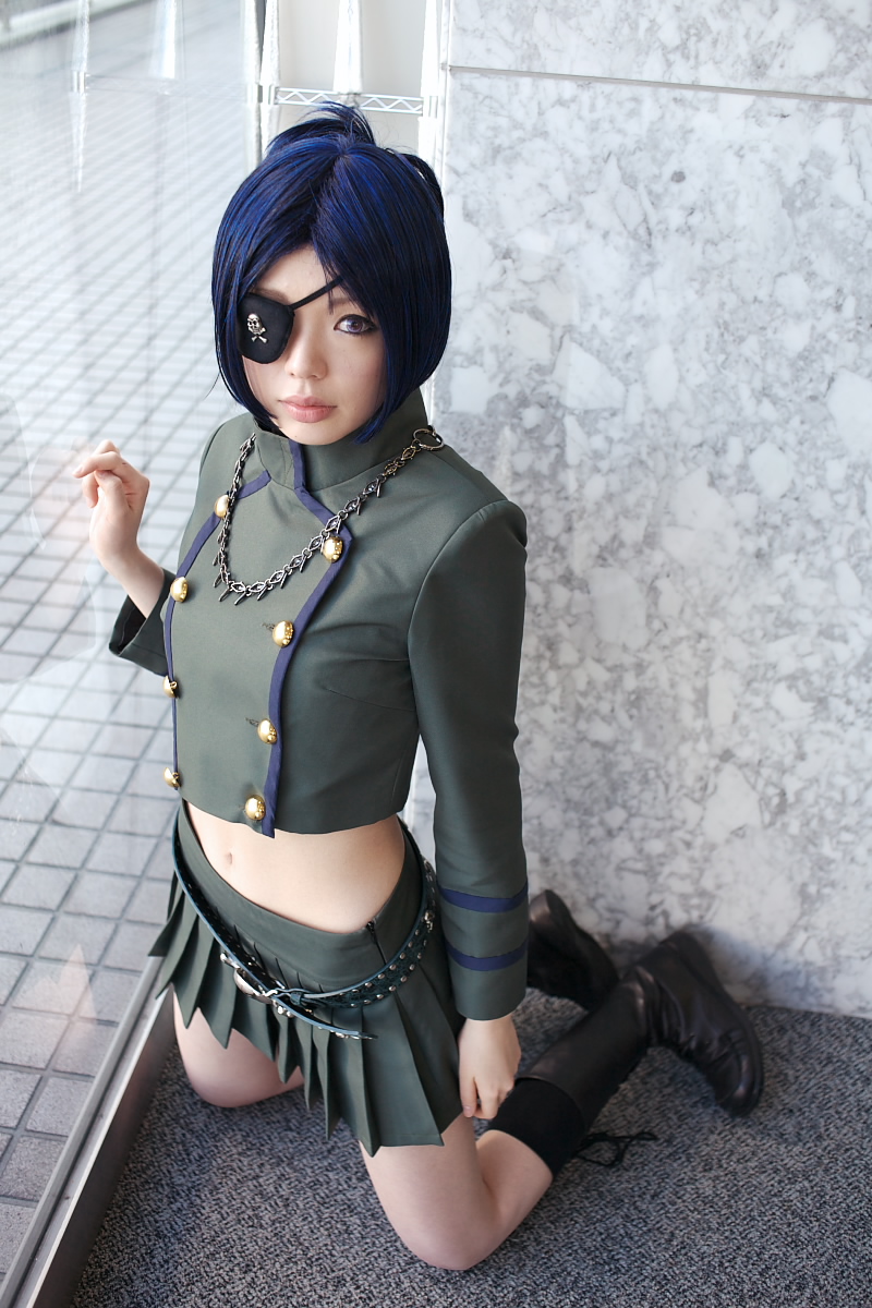 namada, chrome dokuro, katekyo hitman reborn!, highres, photo (medium), 1girl, asian, belt, black boots, black socks, blue hair, boots, breasts, color contacts, cosplay, eyepatch, female focus, full body, indoors, jewelry, kneeling, looking at viewer, makeup, mascara, midriff, miniskirt, navel, necklace, pleated skirt, short hair, skirt, skull and crossbones, small breasts, socks, solo, window