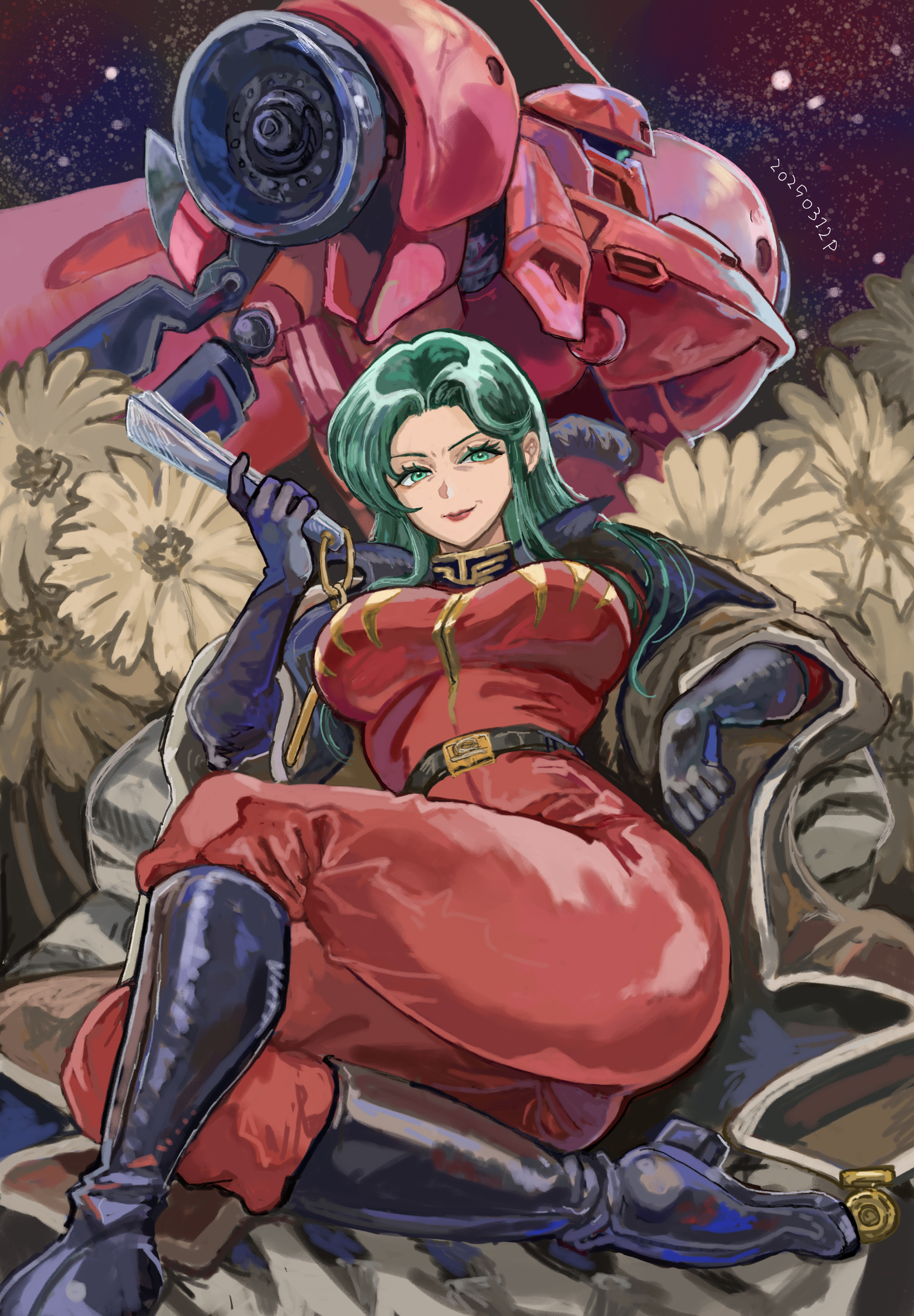 okrdisk2000, cima garahau, gerbera tetra, gundam, gundam 0083, commentary, highres, 1girl, ass, belt, black boots, bodysuit, boots, breasts, closed mouth, coat, curvy, dated, gerbera, green eyes, green hair, hand fan, holding, holding fan, large breasts, lipstick, long hair, makeup, mature female, mecha, military uniform, mobile suit, mono-eye, red lips, robot, science fiction, smile, solo, space, zeon