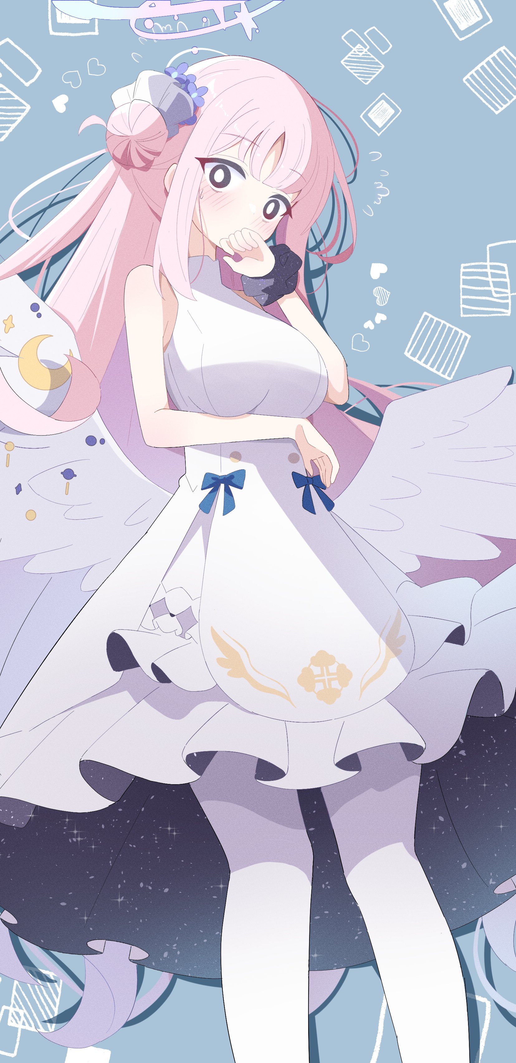 sasanoha (sasanoha0712), mika (blue archive), blue archive, absurdres, highres, 1girl, angel wings, black eyes, blush, breasts, bright pupils, dress, feathered wings, flower, hair bun, hair flower, hair ornament, halo, large breasts, long hair, looking at viewer, low wings, pantyhose, pink hair, pink halo, scrunchie, single side bun, sleeveless, sleeveless dress, solo, white dress, white pantyhose, white pupils, white wings, wing ornament, wings, wrist scrunchie
