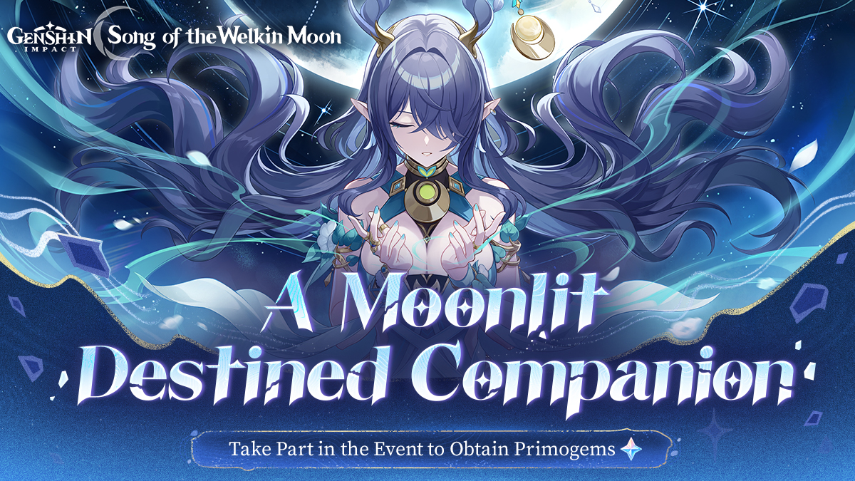 lauma (genshin impact), genshin impact, commentary, english commentary, official art, 1girl, antlers, bare shoulders, blue dress, breasts, cleavage, closed eyes, crescent moon, deer antlers, deer girl, dress, earrings, english text, hair over one eye, horns, jewelry, large breasts, long hair, looking at viewer, moon, pointy ears, purple hair, very long hair