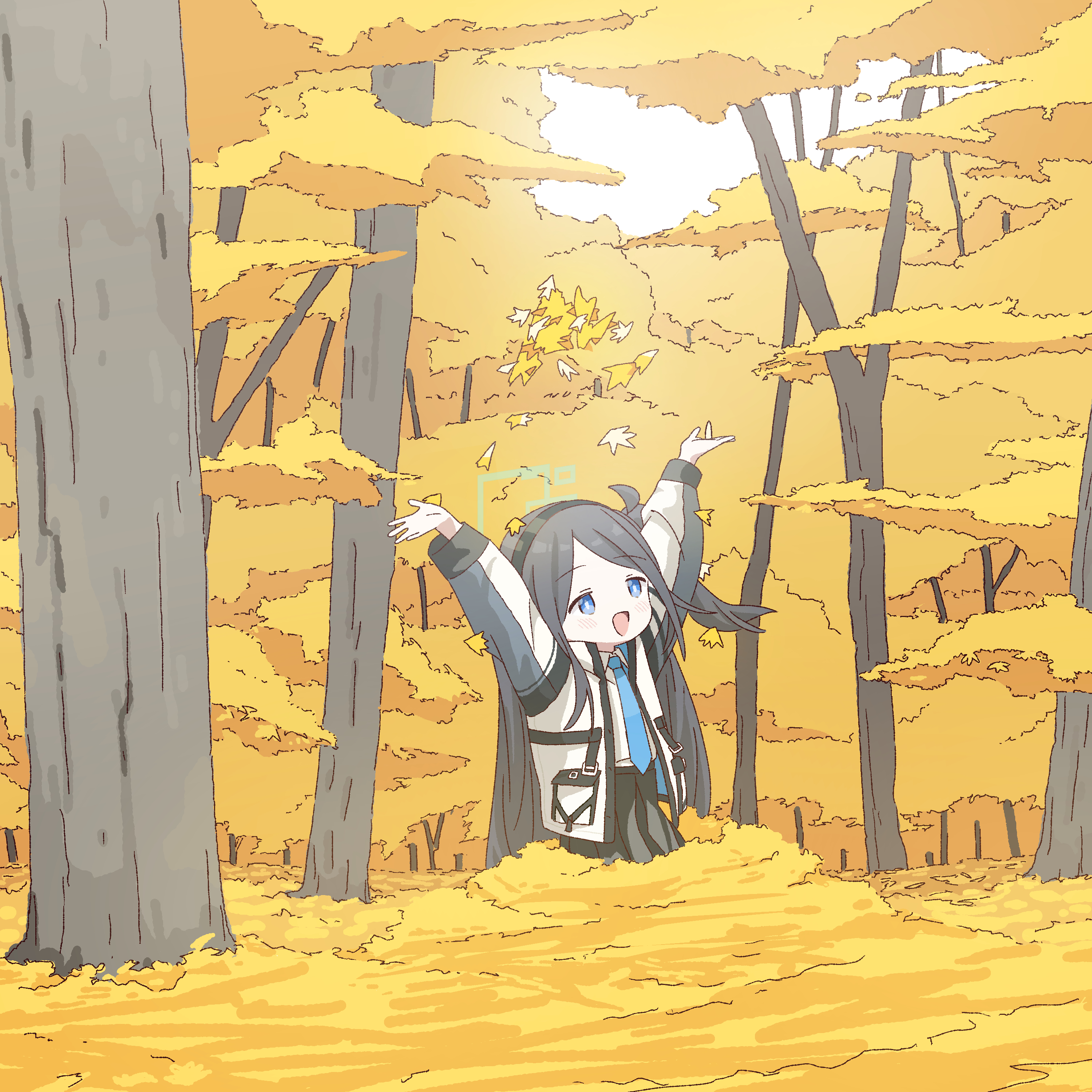 shimotsu., aris (blue archive), blue archive, absurdres, commentary, highres, 1girl, arms up, autumn, autumn leaves, black hair, black hairband, blue eyes, blue necktie, blush, collared shirt, day, hairband, halo, jacket, leaf, leaf pile, long hair, long sleeves, necktie, open clothes, open jacket, open mouth, outdoors, pleated skirt, shirt, skirt, solo, tree, very long hair, white shirt