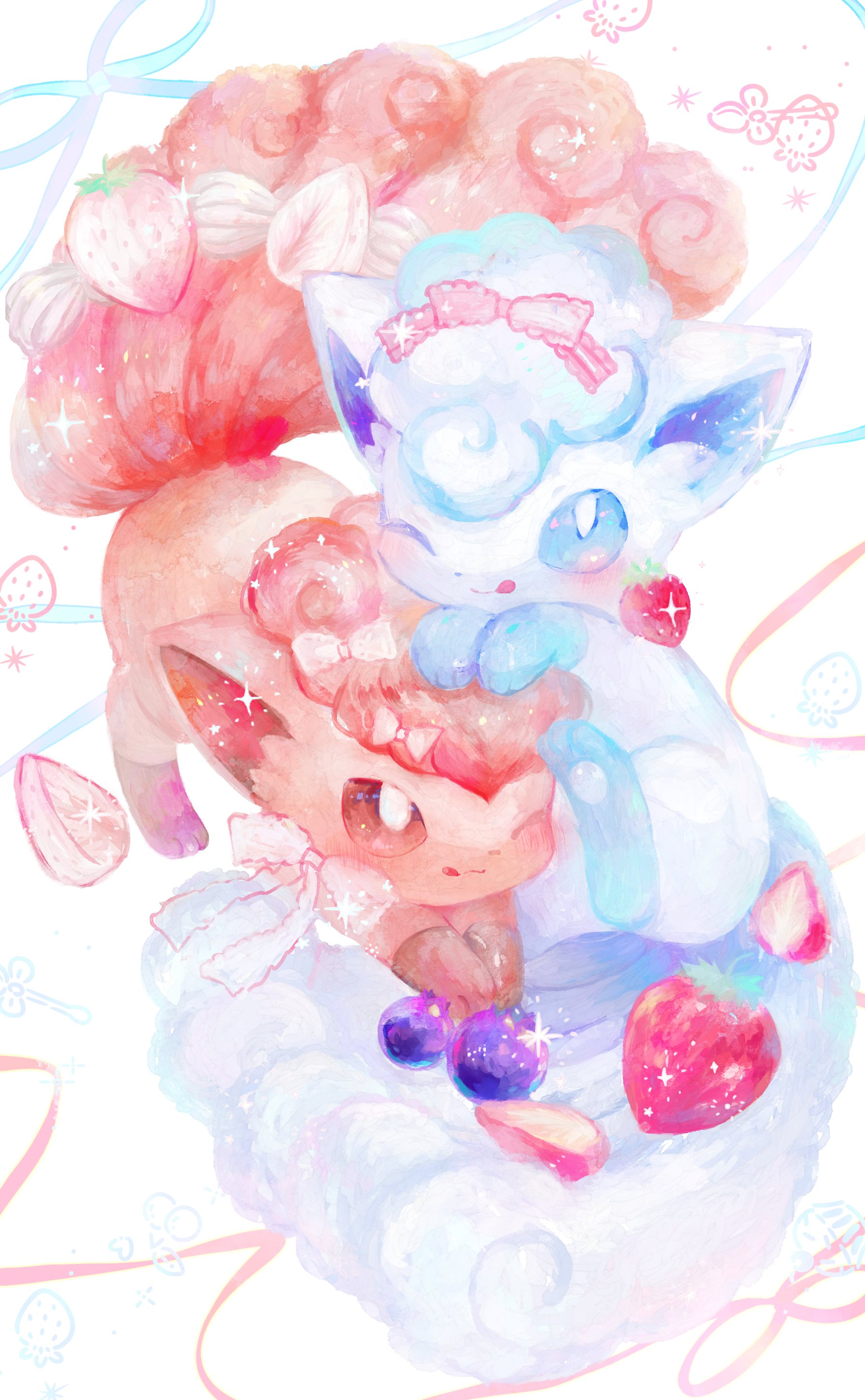 meariako, alolan vulpix, vulpix, nintendo, pokemon, absurdres, highres, alolan form, animal focus, blue eyes, closed mouth, food, fox, fruit, full body, gen 1 pokemon, gen 7 pokemon, looking at viewer, multiple tails, no humans, one eye closed, pokemon (creature), pokemon focus, red fur, regional and normal, smile, strawberry, tail, tongue, tongue out, white fur