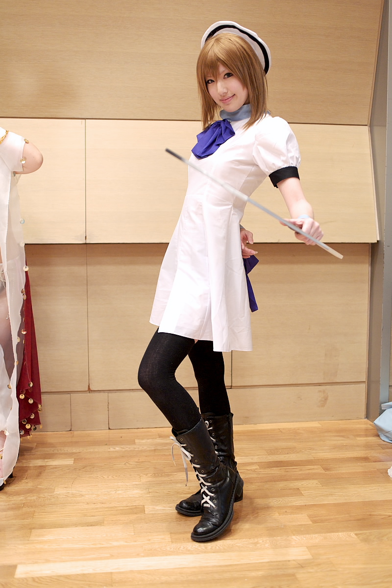 saya (cosplayer), ryuuguu rena, higurashi no naku koro ni, highres, photo (medium), billhook, boots, cosplay, hat, sailor hat, thighhighs