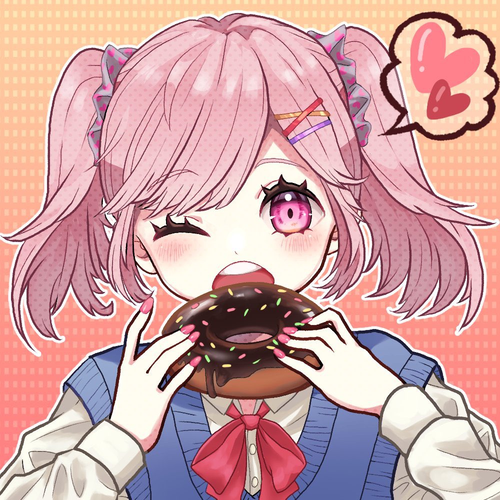 amanegi toro, original, 1girl, bow, donut, food, hair ornament, holding, long sleeves, looking at viewer, nail polish, open mouth, pink hair, school uniform, shirt, short hair, simple background, smile, solo, standing, twintails, upper body