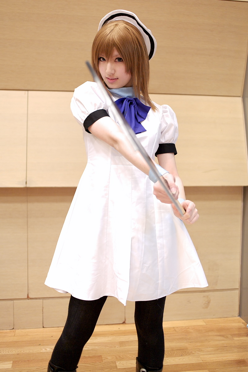 saya (cosplayer), ryuuguu rena, higurashi no naku koro ni, highres, photo (medium), billhook, boots, cosplay, hat, sailor hat, thighhighs