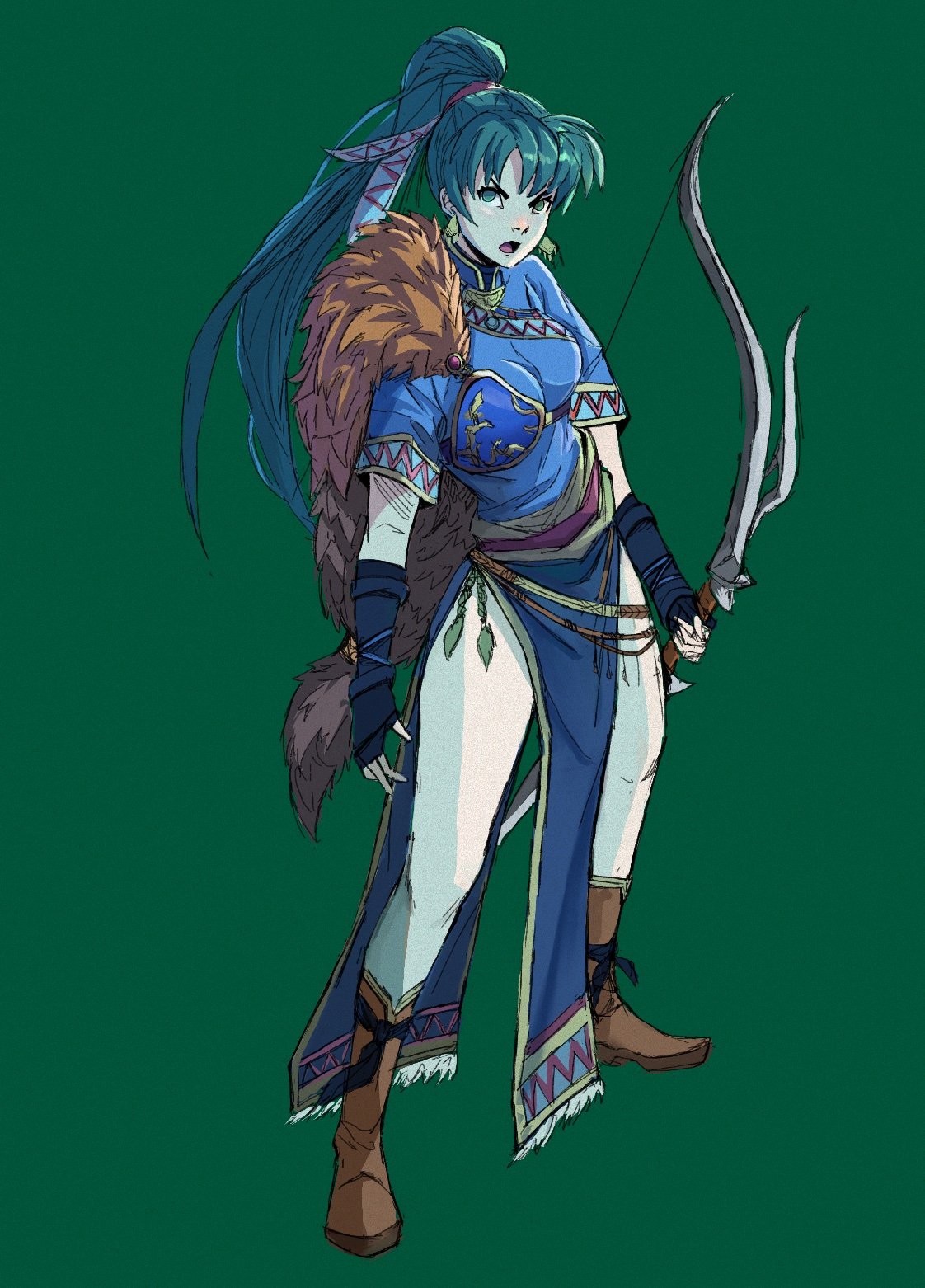 rod langhi, lyn (brave lady) (fire emblem), lyn (fire emblem), fire emblem, fire emblem: the blazing blade, fire emblem heroes, nintendo, highres, 1girl, armor, bow (weapon), breasts, cape, dress, earrings, fingerless gloves, fur cape, gloves, green eyes, green hair, hair ornament, high ponytail, holding, holding bow (weapon), holding weapon, jewelry, long hair, looking at viewer, medium breasts, open mouth, pelvic curtain, ponytail, side slit, solo, very long hair, weapon