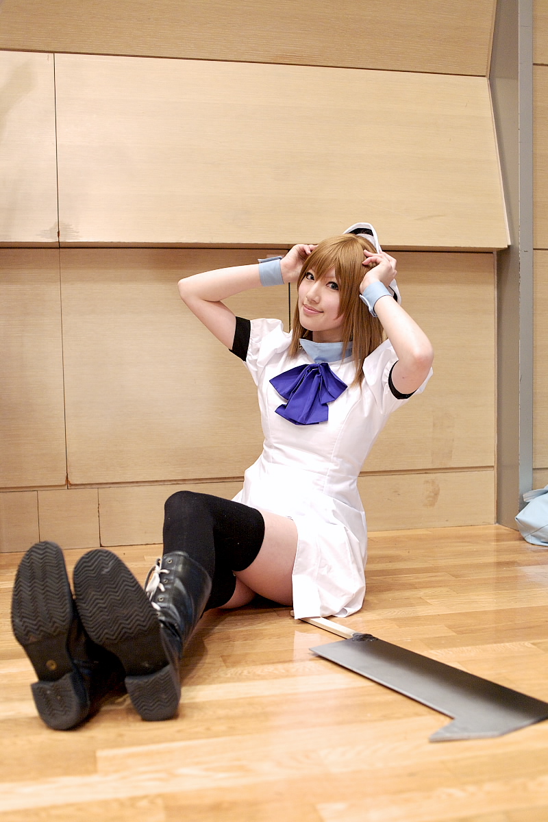 saya (cosplayer), ryuuguu rena, higurashi no naku koro ni, highres, photo (medium), billhook, boots, cosplay, hat, sailor hat, thighhighs