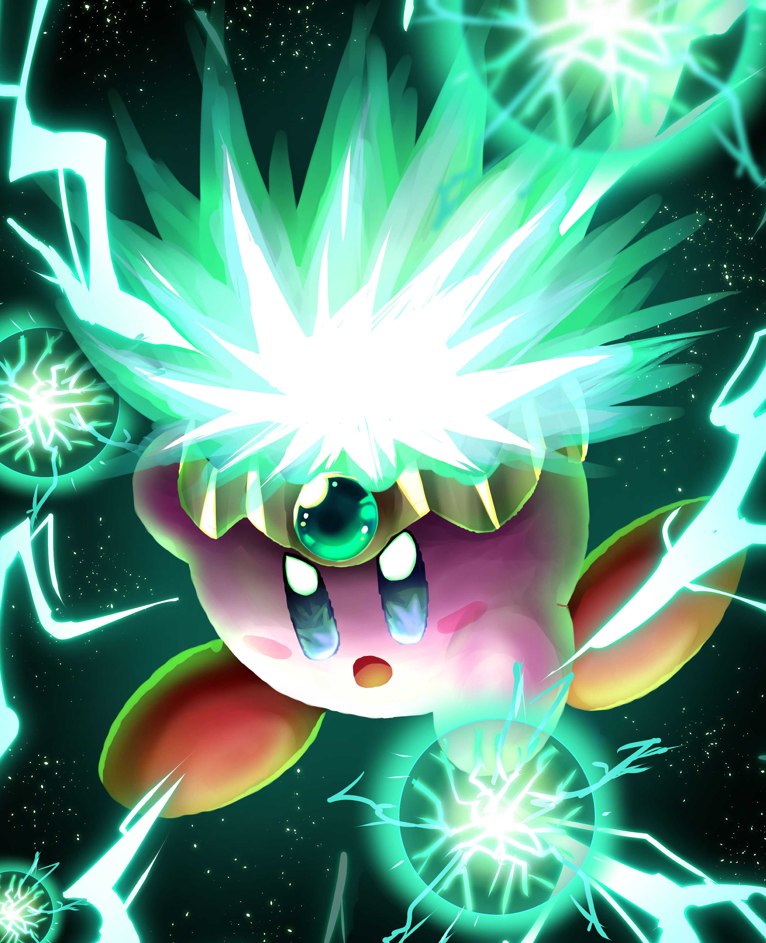 amanegi toro, kirby, plasma kirby, kirby (series), nintendo, absurdres, highres, tagme, blue eyes, blush stickers, copy ability, energy ball, energy bullet, hat, looking at viewer, no humans, open mouth, simple background, solo, weapon