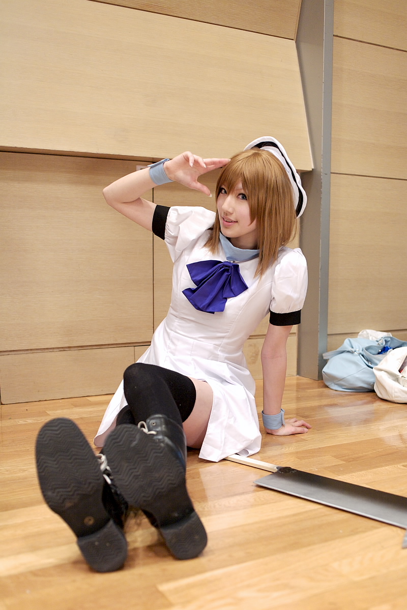 saya (cosplayer), ryuuguu rena, higurashi no naku koro ni, highres, photo (medium), billhook, boots, cosplay, hat, sailor hat, thighhighs