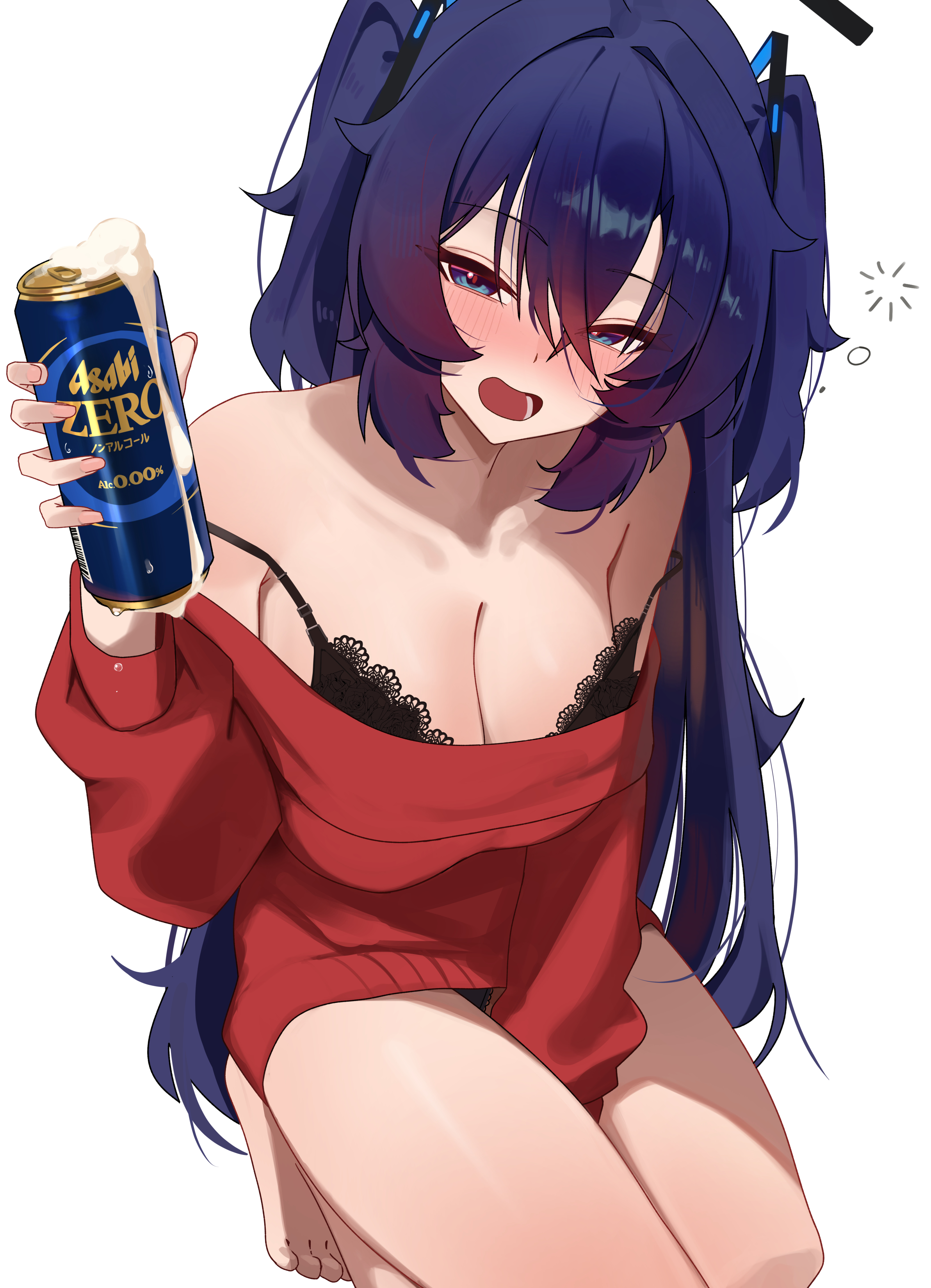 mcbox, yuuka (blue archive), blue archive, absurdres, commentary request, highres, 1girl, alternate costume, bare shoulders, black bra, black halo, blue eyes, blue hair, blush, bra, bra peek, breasts, cleavage, drunk, hair between eyes, hair ornament, halo, large breasts, long hair, looking at viewer, nose blush, off shoulder, open mouth, red sweater, simple background, smile, solo, sweater, thighs, triangle hair ornament, two side up, underwear, white background