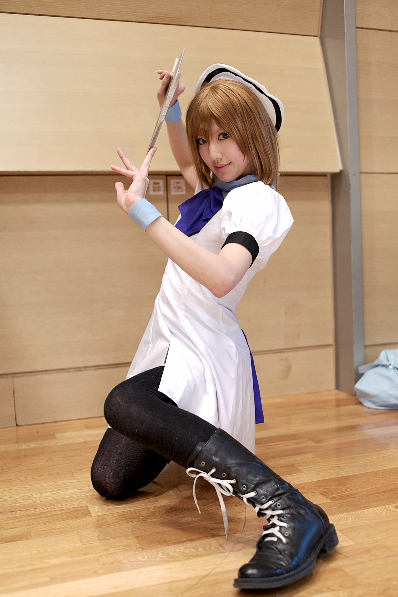 saya (cosplayer), ryuuguu rena, higurashi no naku koro ni, highres, photo (medium), billhook, boots, cosplay, hat, sailor hat, thighhighs