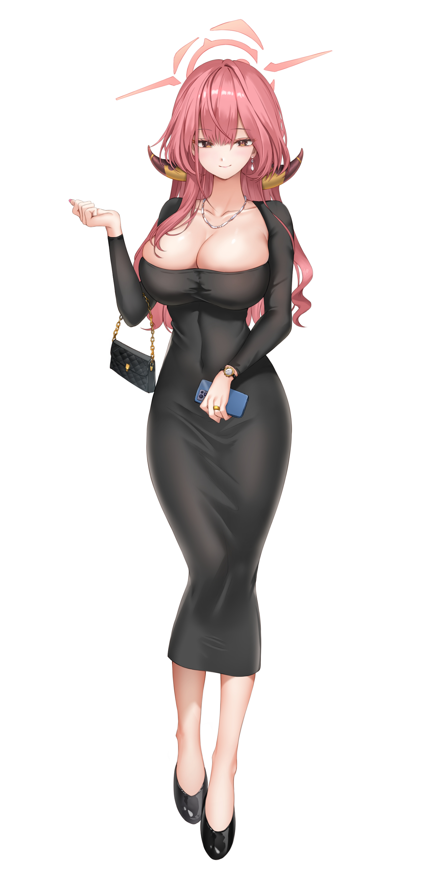 raurashun, aru (blue archive), blue archive, absurdres, highres, 1girl, alternate costume, black bag, breasts, brown eyes, cleavage, closed mouth, collarbone, dongtan dress, full body, halo, hand up, horns, jewelry, large breasts, long hair, long sleeves, looking at viewer, necklace, red hair, red halo, simple background, smile, solo, standing, watch, white background, wristwatch