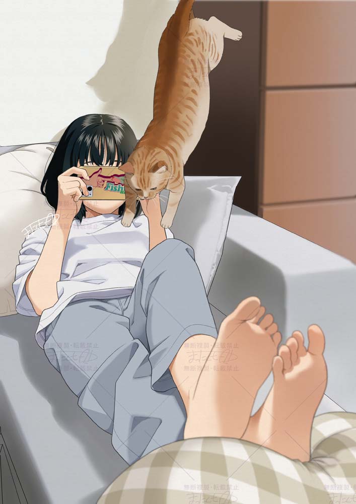 mattaku mousuke, original, 1girl, artist name, barefoot, black hair, cat, cellphone, couch, crossed ankles, feet, foot focus, foreshortening, full body, grey pants, holding, holding phone, indoors, knee up, medium hair, on couch, orange cat, pants, phone, shadow, shirt, short sleeves, smartphone, soles, solo, toes, watermark, white shirt