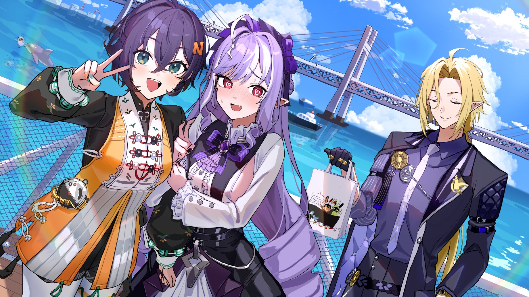 uuroncha, belle (delicate sunlight) (zenless zone zero), belle (zenless zone zero), hugo vlad, vivian banshee, zenless zone zero, highres, 1boy, 2girls, @ @, black nails, blue hair, blue sky, blush, bow, breasts, cloud, cloudy sky, crossed bangs, dress, drill hair, drill sidelocks, fang, green eyes, guest art, hair between eyes, long hair, long sleeves, looking at viewer, multicolored hair, multiple girls, nervous smile, official alternate costume, outdoors, pantyhose, pointy ears, purple bow, purple hair, red eyes, short hair, sideboob, sidelocks, skirt, sky, smile, streaked hair, sweat, teeth, upper teeth only, v, white hair, white pantyhose