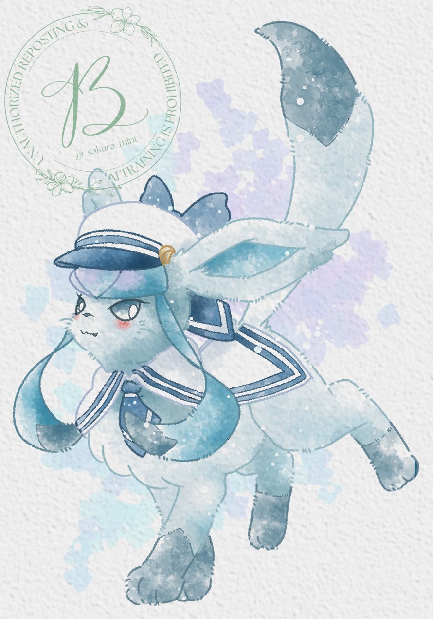 baya (sakura mint), glaceon, nintendo, pokemon, highres, :3, animal focus, blue eyes, blue fur, blue neckerchief, blue sclera, blush, closed mouth, clothed pokemon, colored sclera, full body, gen 4 pokemon, hat, neckerchief, no humans, pokemon (creature), pokemon focus, sailor collar, sailor hat, smile, solo, tail, white sailor collar