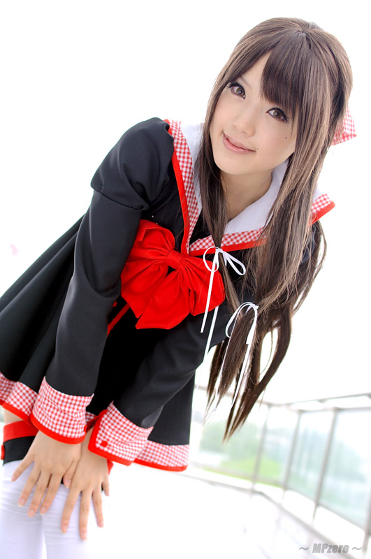 kipi-san, masuda shizuka, final approach, photo (medium), 1girl, asian, breasts, brown eyes, brown hair, color contacts, cosplay, dutch angle, female focus, long hair, looking at viewer, masuda shizuka (cosplay), mole, outdoors, sailor collar, school uniform, serafuku, small breasts, solo