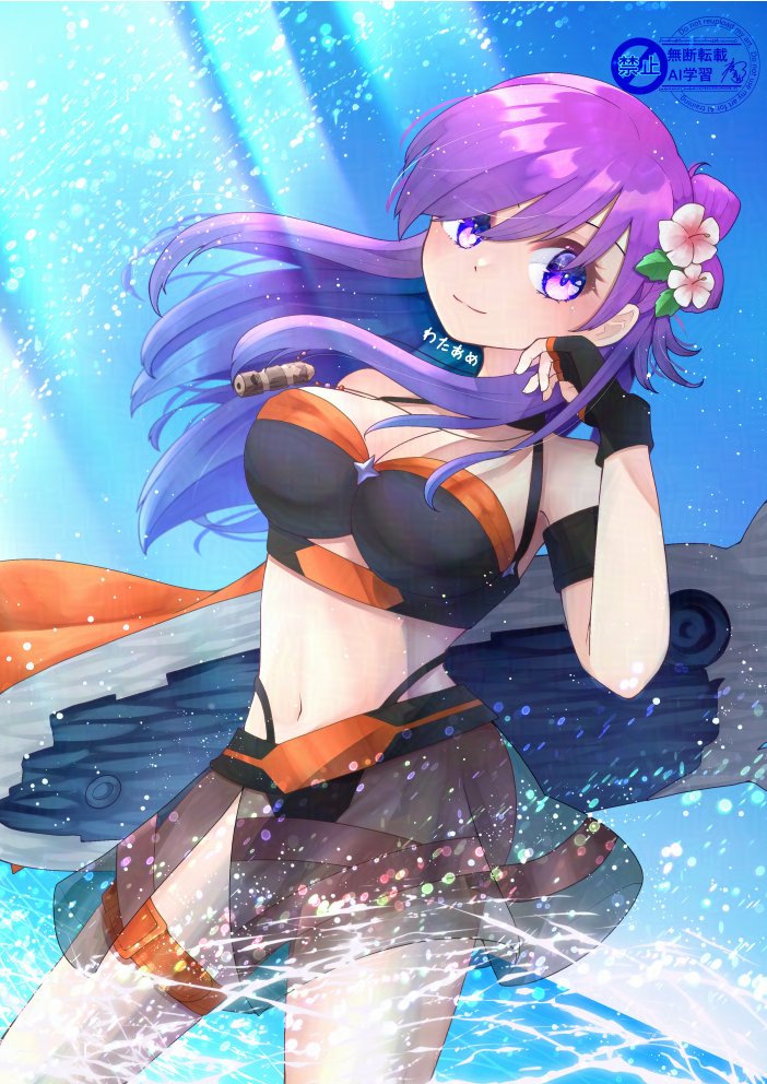 fuwafuwa014wata, female shez (fire emblem), female shez (summer) (fire emblem), fire emblem, fire emblem: three houses, fire emblem heroes, fire emblem warriors: three hopes, nintendo, 1girl, bare shoulders, bikini, black bikini, black choker, blue sky, blush, breasts, choker, cleavage, closed mouth, flower, hair flower, hair ornament, hair over one eye, holding, holding surfboard, large breasts, long hair, looking at viewer, navel, ocean, official alternate costume, outdoors, purple eyes, purple hair, sky, smile, solo, stomach, surfboard, swimsuit, water, white flower