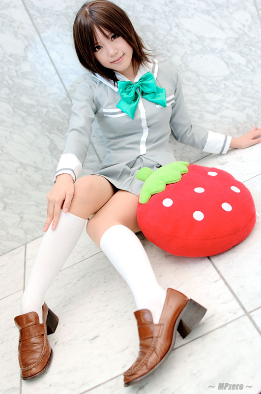kipi-san, sotomura misuzu, ichigo 100%, photo (medium), 1girl, asian, brown eyes, brown hair, cosplay, dutch angle, female focus, loafers, looking at viewer, on floor, school uniform, shoes, sitting, socks, solo, sotomura misuzu (cosplay), strawberry-shaped pillow, white socks