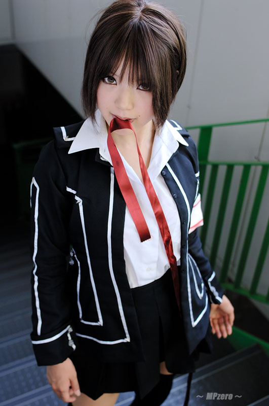 kipi-san, kurosu yuuki, vampire knight, photo (medium), 1girl, armband, asian, brown eyes, brown hair, cosplay, female focus, indoors, kurosu yuuki (cosplay), looking at viewer, solo