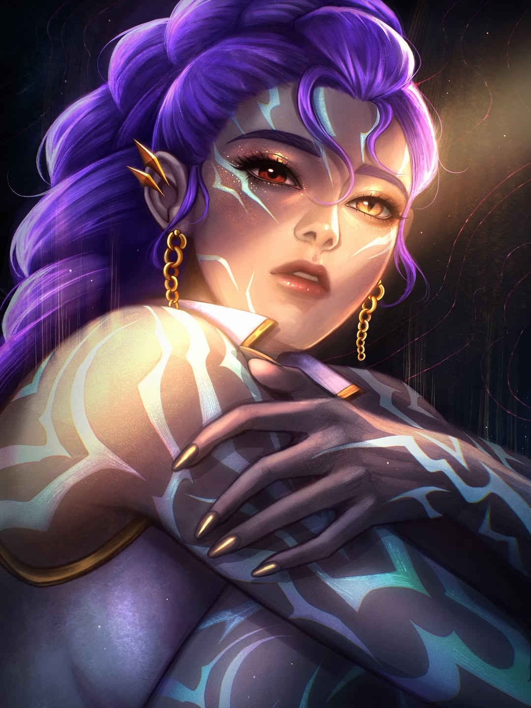 rumi (kpop demon hunters), kpop demon hunters, commentary, english commentary, highres, 1girl, arms on knees, bare arms, bare shoulders, black background, body markings, braid, breasts, brown eyes, chain, chain earrings, crop top, demon girl, dutch braided ponytail, ear piercing, earrings, fingernails, gold chain, gold earrings, gold eyeshadow, gold nails, gold piercing, gold trim, halter shirt, halterneck, heterochromia, high collar, jewelry, knees up, light particles, light rays, long braid, long fingernails, long hair, long sleeves, looking ahead, mature female, medium breasts, messy hair, nail polish, nose, pale skin, parted lips, piercing, pink lips, purple hair, raised eyebrows, shirt, simple background, single braid, single earring, sitting, slit pupils, solo, sonyamoonart, teeth, thighs, upper body, very long hair, wavy background, yellow eyes
