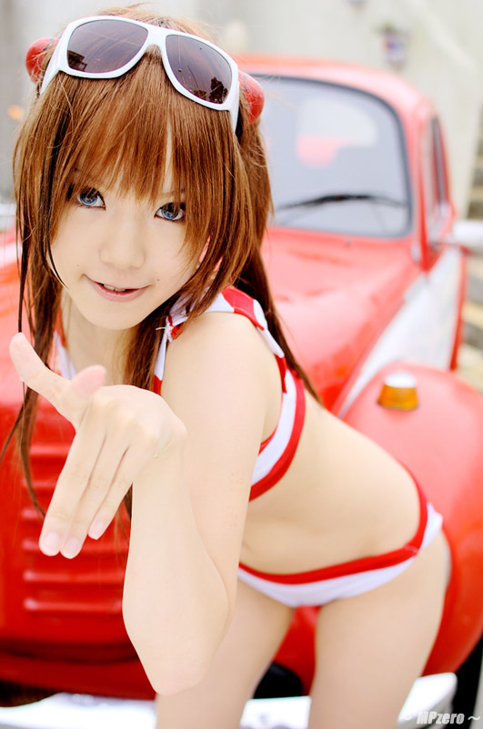 kipi-san, souryuu asuka langley, neon genesis evangelion, photo (medium), 1girl, asian, bikini, blue eyes, blurry, breasts, car, color contacts, cosplay, depth of field, eyewear on head, female focus, hairpods, leaning forward, long hair, looking at viewer, mole, motor vehicle, orange hair, petite, pointing, pointing at viewer, small breasts, solo, souryuu asuka langley (cosplay), striped bikini, striped clothes, sunglasses, swimsuit, white-framed eyewear