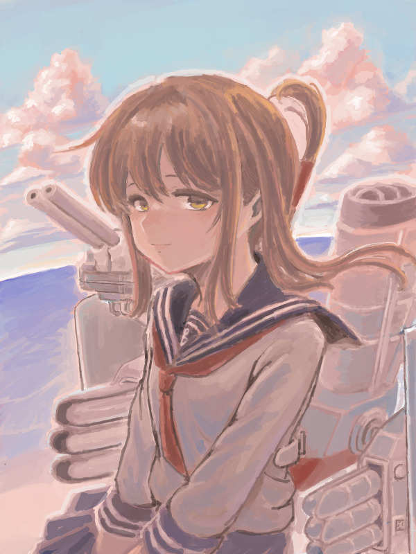 sowamame, inazuma (kancolle), kantai collection, hashtag-only commentary, 1girl, alternate hairstyle, blue sky, brown hair, closed mouth, cloud, day, hair between eyes, long sleeves, looking at viewer, neckerchief, ocean, outdoors, pink clouds, red neckerchief, rigging, sailor collar, school uniform, serafuku, sidelocks, sky, solo, water, yellow eyes