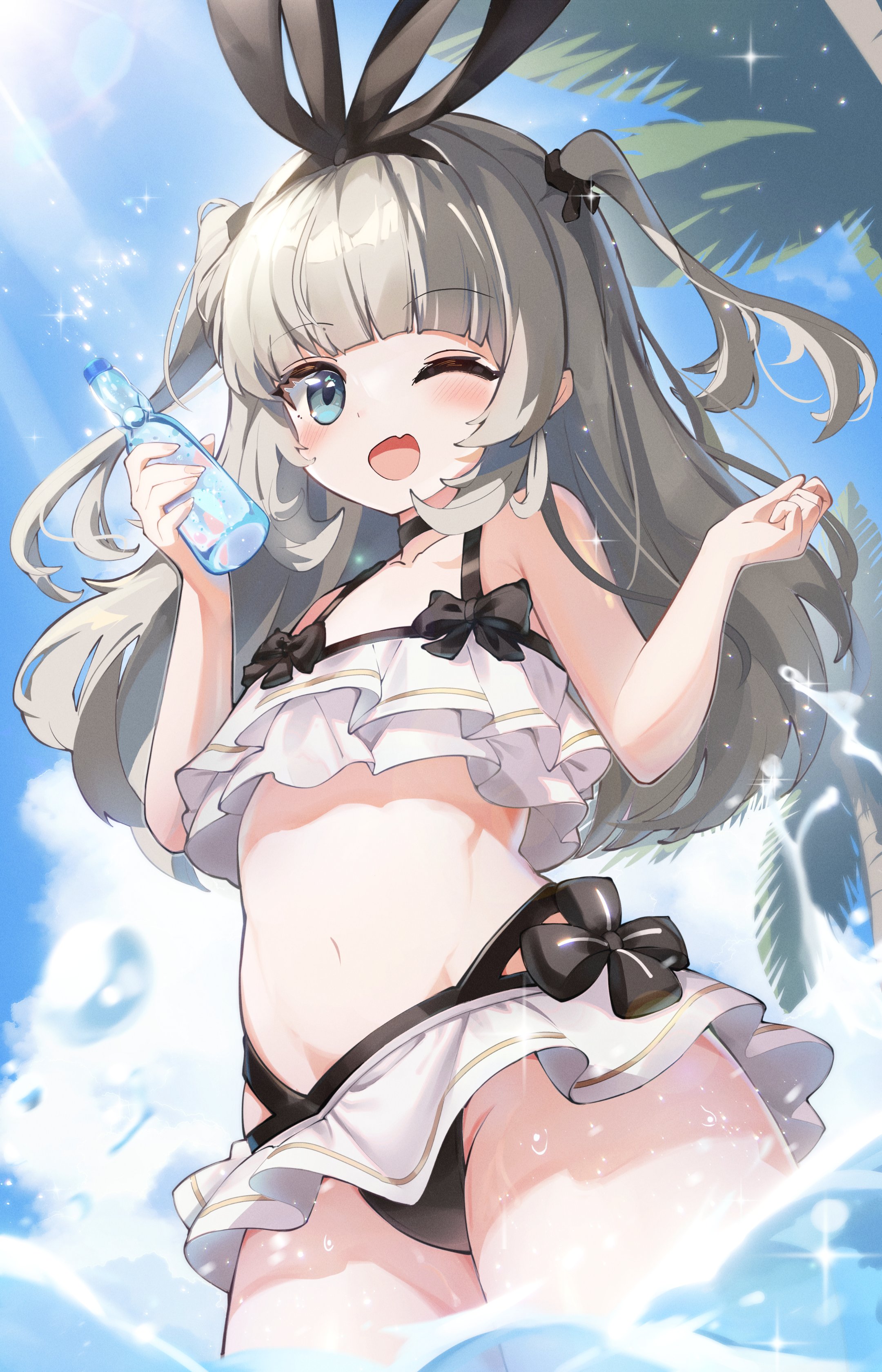 fd ran, girls creation, absurdres, highres, 1girl, ;d, animal ears, bikini, bikini skirt, black bow, black hairband, blue eyes, blue sky, blush, bottle, bow, choker, cloud, day, fang, flat chest, frilled bikini, frills, grey hair, groin, hairband, holding, holding bottle, long hair, looking at viewer, navel, one eye closed, open mouth, outdoors, palm tree, rabbit ears, ramune, skin fang, sky, smile, solo, swimsuit, tree, two side up, virtual youtuber, wading, water, white bikini