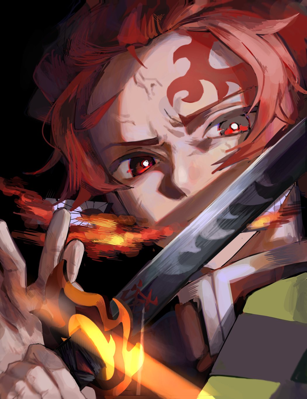 kamado tanjirou, kimetsu no yaiba, commentary request, highres, 1boy, black background, checkered haori, demon slayer uniform, earrings, hanafuda earrings, haori, holding, holding weapon, japanese clothes, jewelry, looking at viewer, male focus, oz 8a, red eyes, red hair, scar, scar on face, scar on forehead, short hair, simple background, solo, weapon