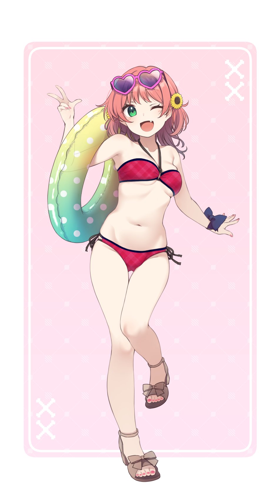 nagami yuu, original, commentary, highres, symbol-only commentary, 1girl, ;d, arm up, bare arms, bare shoulders, bikini, blue bow, border, bow, breasts, brown hair, brown sandals, collarbone, eyewear on head, flower, full body, green eyes, groin, hair flower, hair ornament, halterneck, heart, heart-shaped eyewear, innertube, medium breasts, nail polish, navel, one eye closed, open mouth, pink-framed eyewear, pink background, pink nails, red bikini, sandals, side-tie bikini bottom, skindentation, smile, solo, standing, standing on one leg, sunflower, sunflower hair ornament, sunglasses, swim ring, swimsuit, toenail polish, toenails, w, white border, wrist bow, yellow flower