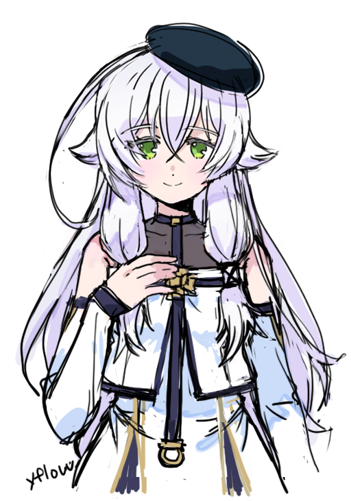 altina orion, eiyuu densetsu, kai no kiseki, kuro no kiseki (series), 1girl, beret, detached sleeves, green eyes, hair between eyes, hat, long hair, long sleeves, looking at viewer, side ahoge, sidelocks, smile, solo, very long hair, white background, white hair, wolfysofluffy