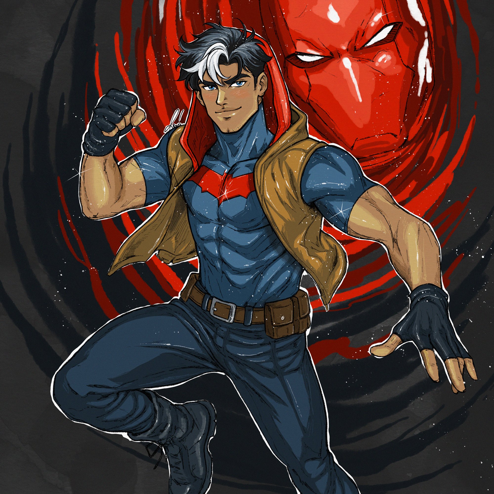 jason todd, red hood (dc), batman (series), dc comics, highres, 1boy, bat signal, batman symbol, black bodysuit, black gloves, black hair, blue eyes, bodysuit, brown jacket, gloves, grey bodysuit, jacket, male focus, mask, multicolored hair, muscular, muscular male, open clothes, pants, plasticwangja, red hood and the outlaws, red mask, superhero costume, taut bodysuit, two-tone bodysuit, two-tone hair