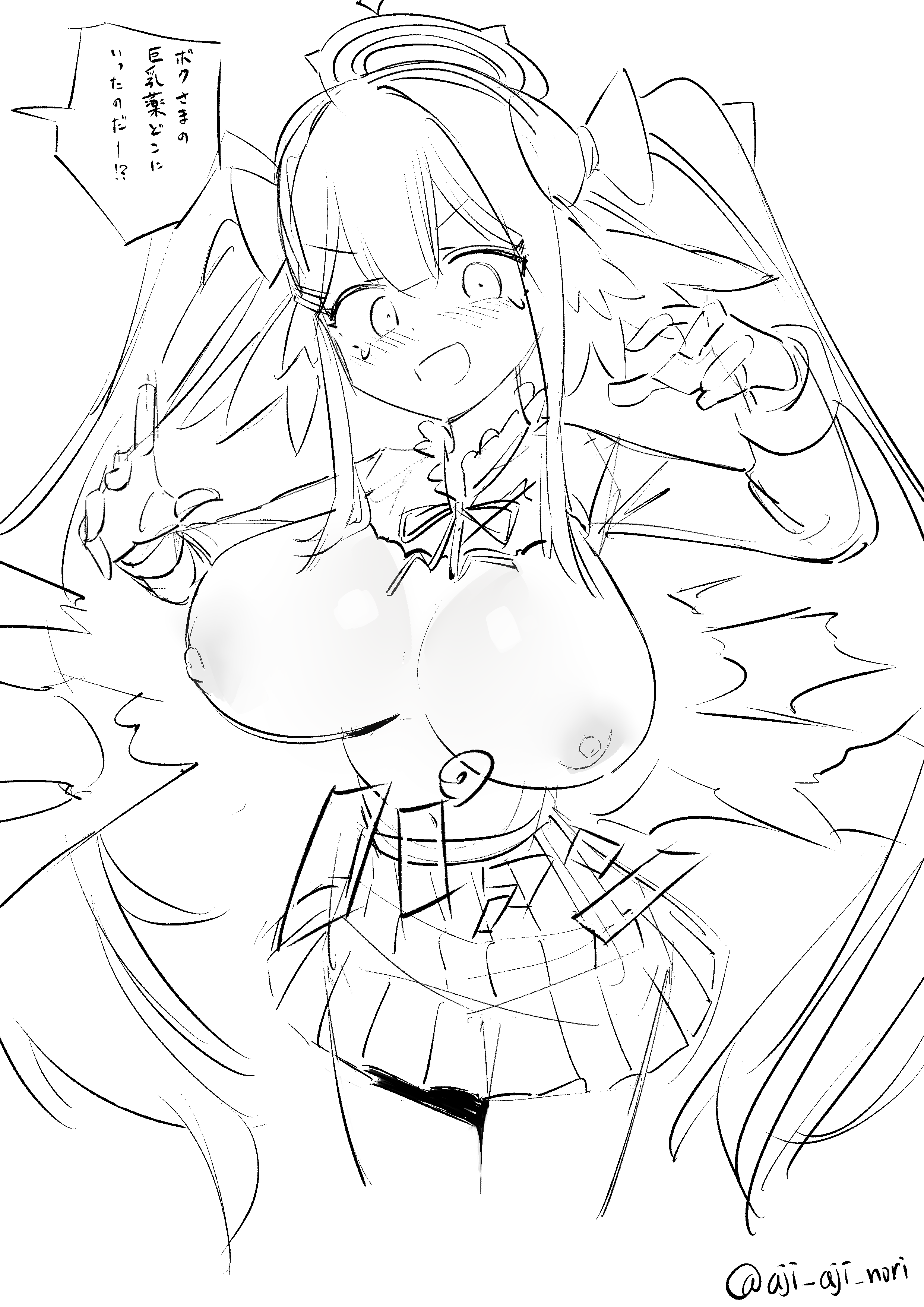 aji aji nori, shimiko (blue archive), blue archive, absurdres, highres, 1girl, bow, breasts, greyscale, hair bow, halo, large breasts, long hair, looking at viewer, monochrome, nipples, open mouth, ribbon, simple background, sketch, skirt, solo, speech bubble, twintails, twitter username