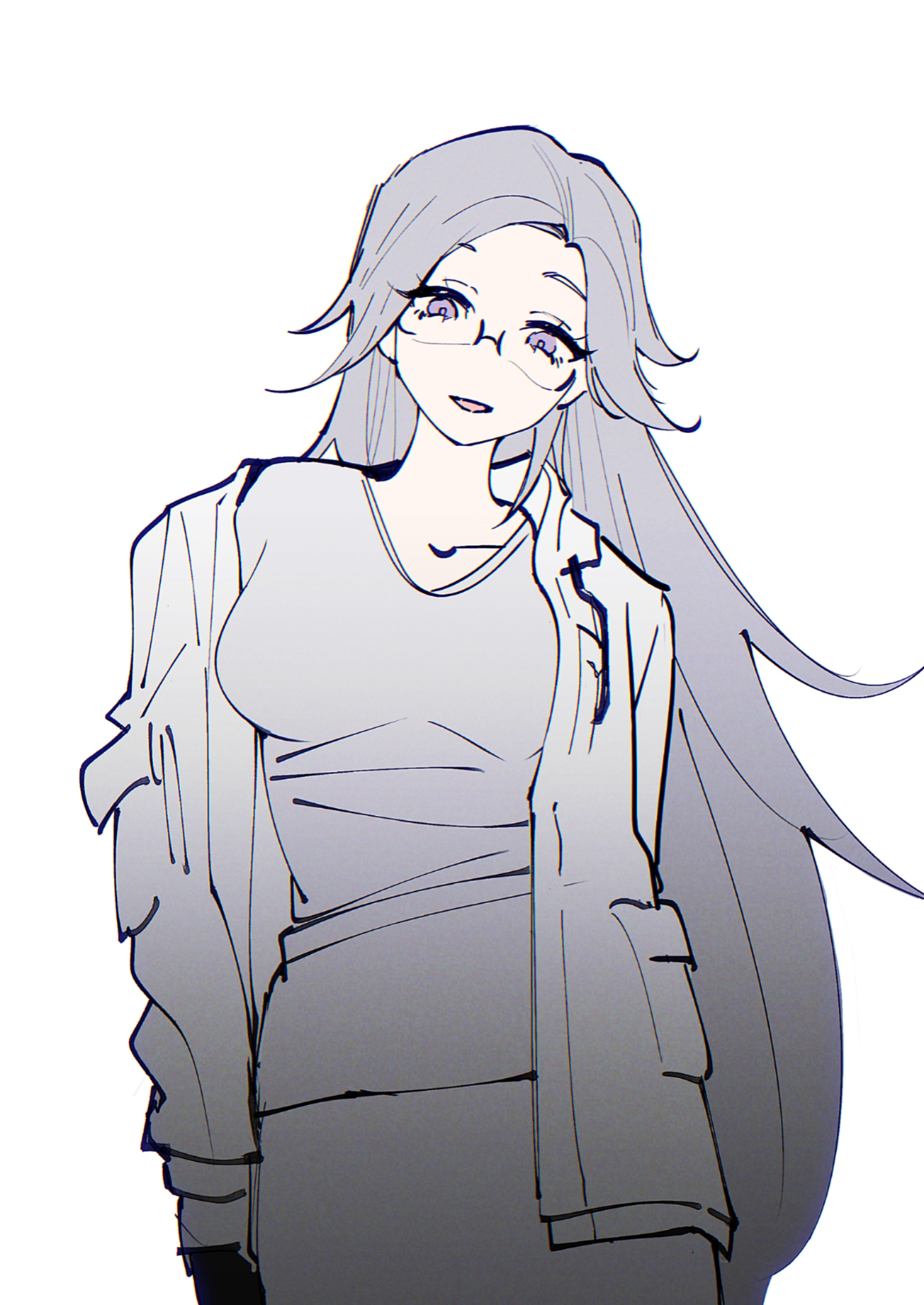 aotsuki eito, the hundred line -last defense academy-, absurdres, chinese commentary, commentary request, highres, 1girl, black gloves, breasts, chiiichi, collarbone, cowboy shot, genderswap, genderswap (mtf), glasses, gloves, grey hair, jacket, jacket partially removed, large breasts, looking at viewer, pocket, purple eyes, shirt, simple background, smile, solo, white background, white jacket, white shirt