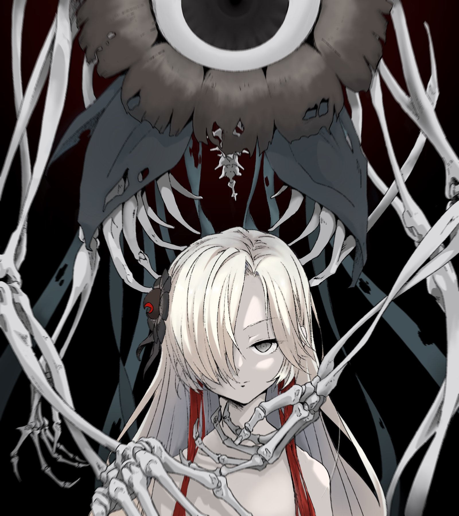 vividnatadecoco, isekaijoucho, kamitsubaki studio, commentary request, highres, 1girl, black background, black flower, brown background, closed mouth, flower, gradient background, grey eyes, hair flower, hair ornament, hair over one eye, long hair, looking at viewer, nude, red hair, skeletal arm, upper body, white hair