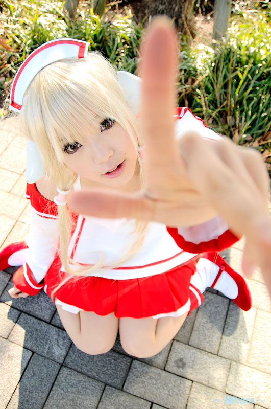kipi-san, chii, chobits, photo (medium), 1girl, apron, asian, blonde hair, chii (cosplay), cosplay, dutch angle, female focus, looking at viewer, outdoors, persocom, socks, solo, waitress, waitress uniform