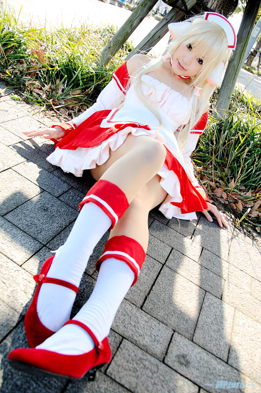 kipi-san, chii, chobits, photo (medium), 1girl, apron, asian, blonde hair, chii (cosplay), cosplay, dutch angle, female focus, looking at viewer, outdoors, persocom, socks, solo, waitress, waitress uniform