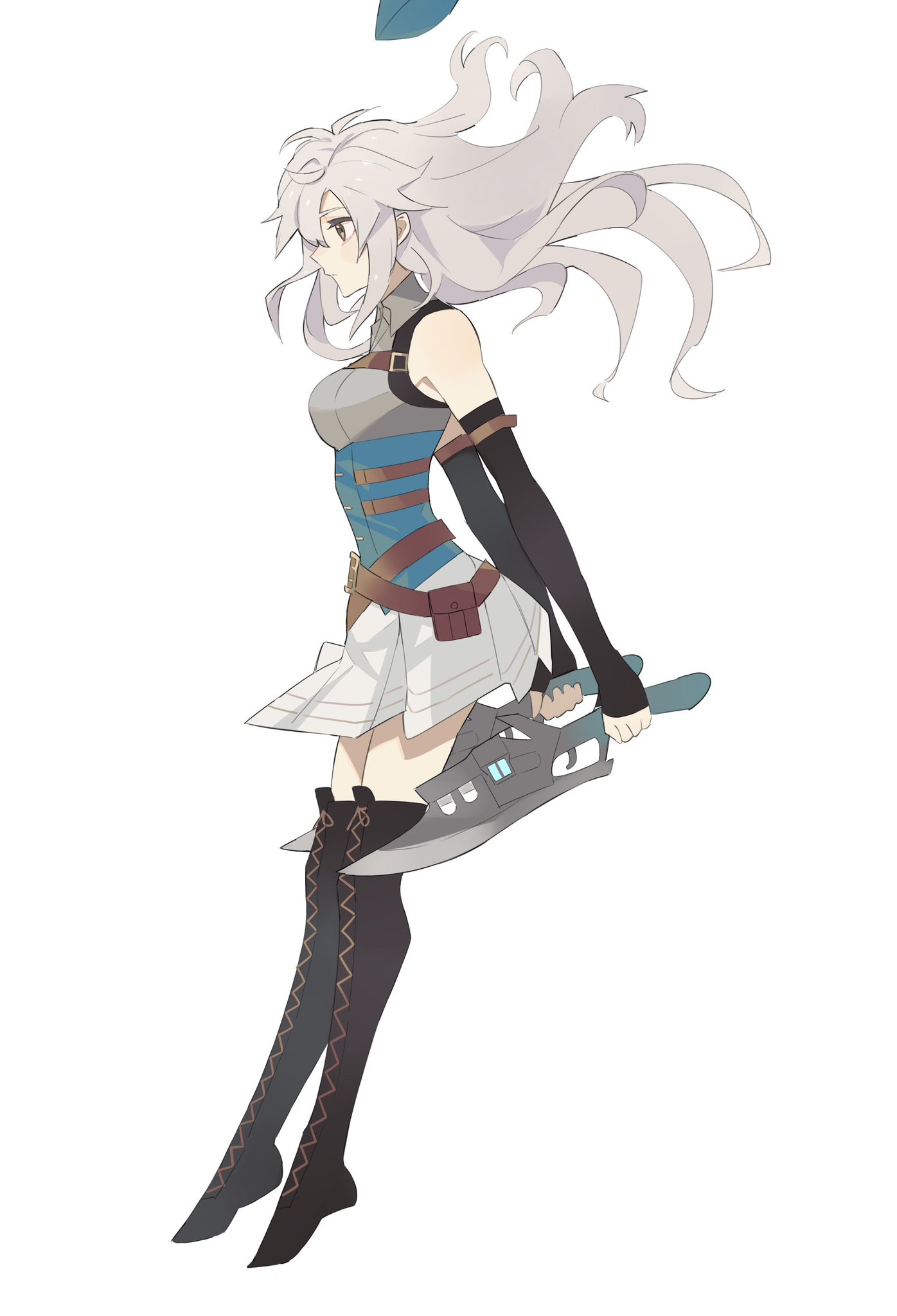 george man, fie claussell, eiyuu densetsu, kuro no kiseki (series), kuro no kiseki i, highres, 1girl, bare shoulders, beret, boots, breasts, clothes lift, detached sleeves, dual wielding, floating hair, floating hat, from side, full body, green eyes, green hat, gunblade, hair between eyes, hat, holding, holding weapon, long hair, parted bangs, sidelocks, simple background, skirt, skirt lift, small breasts, solo, thigh boots, weapon, white background, white hair