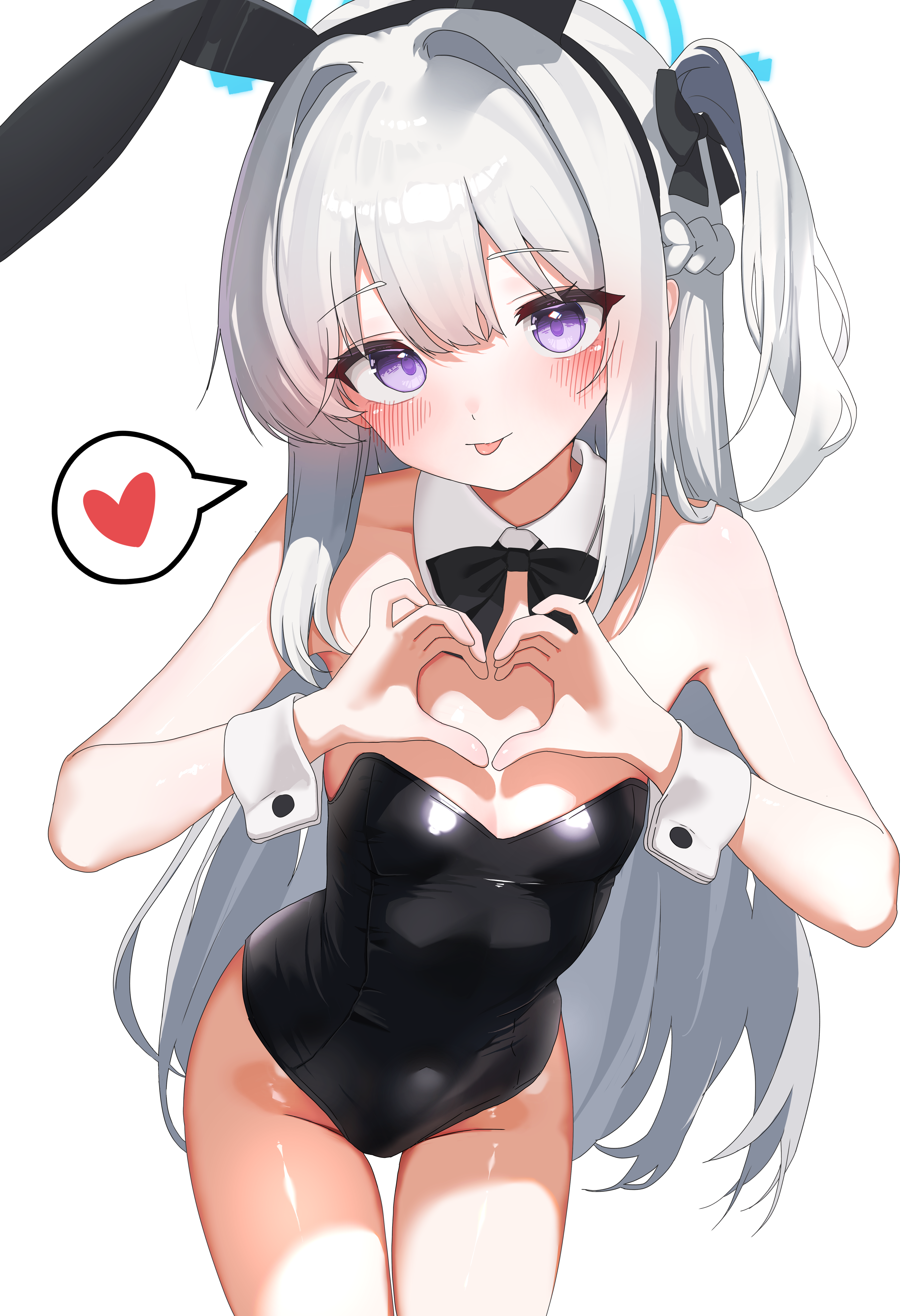 drawing flover, miyako (blue archive), blue archive, absurdres, commentary request, highres, 1girl, alternate costume, animal ear hairband, animal ears, black bow, black bowtie, black leotard, blush, bow, bowtie, breasts, detached collar, fake animal ears, grey hair, hairband, heart, heart hands, leaning forward, leotard, long hair, looking at viewer, one side up, playboy bunny, purple eyes, rabbit ear hairband, rabbit ears, simple background, small breasts, solo, strapless, strapless leotard, thighs, tongue, tongue out, white background, white wrist cuffs, wrist cuffs